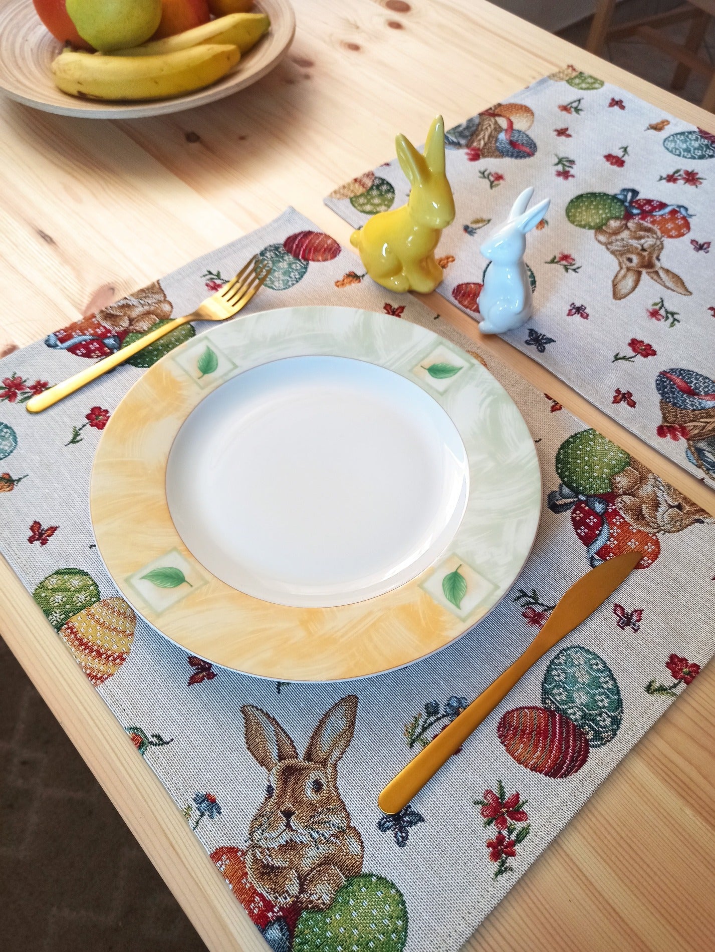 Easter Placemats Eggs Bunny Floral Rectangular Tapestry Fabric Multicolor on beige background (set of 2) Size:13in X 17in (34cm X 44cm)