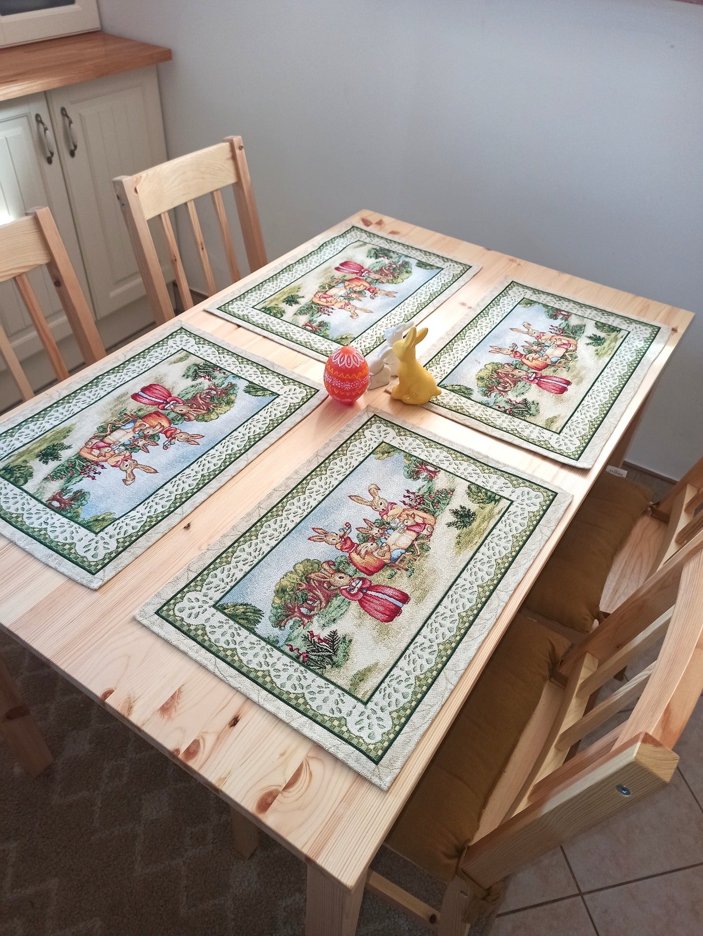 Easter Fabric Placemats Green with Eggs Bunny Flowers and Golden thread (set of 2) Size:13in X 19in (33cm X 49cm