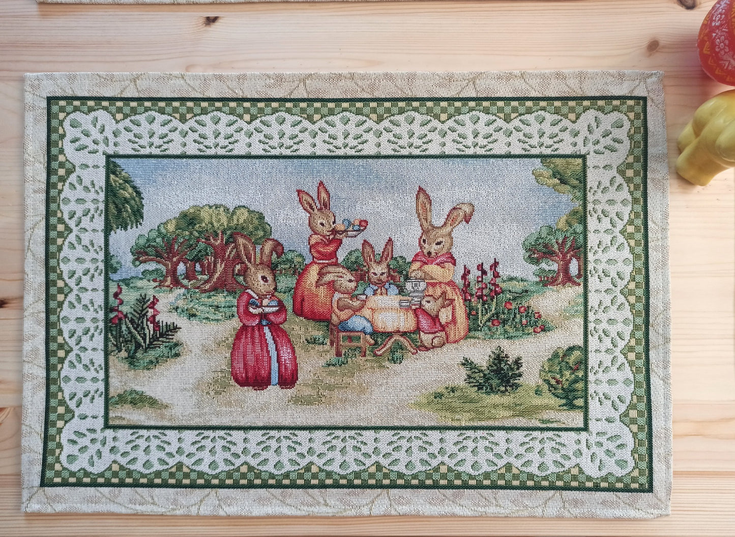 Easter Fabric Placemats Green with Eggs Bunny Flowers and Golden thread (set of 2) Size:13in X 19in (33cm X 49cm