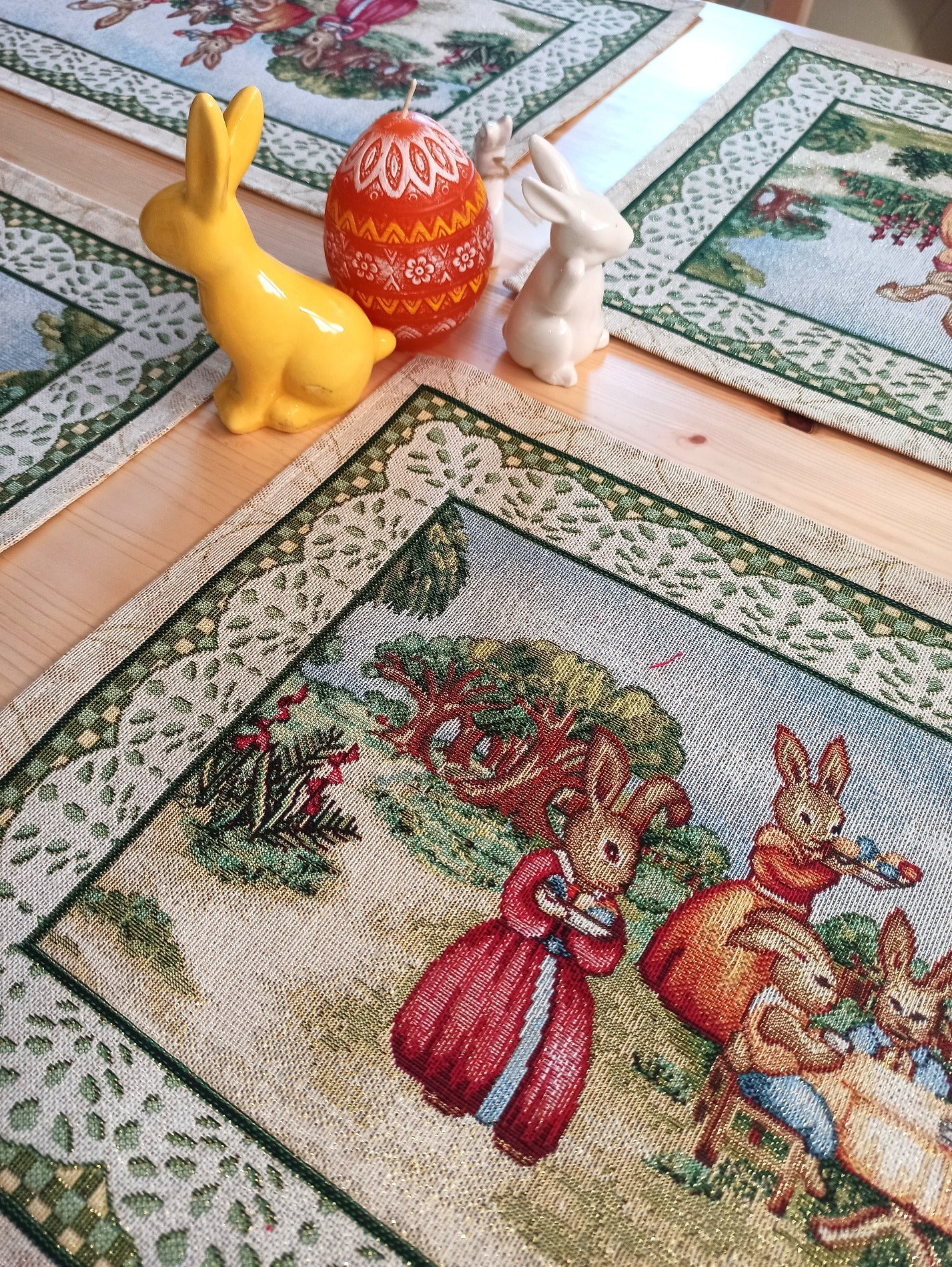 Easter Fabric Placemats Green with Eggs Bunny Flowers and Golden thread (set of 2) Size:13in X 19in (33cm X 49cm