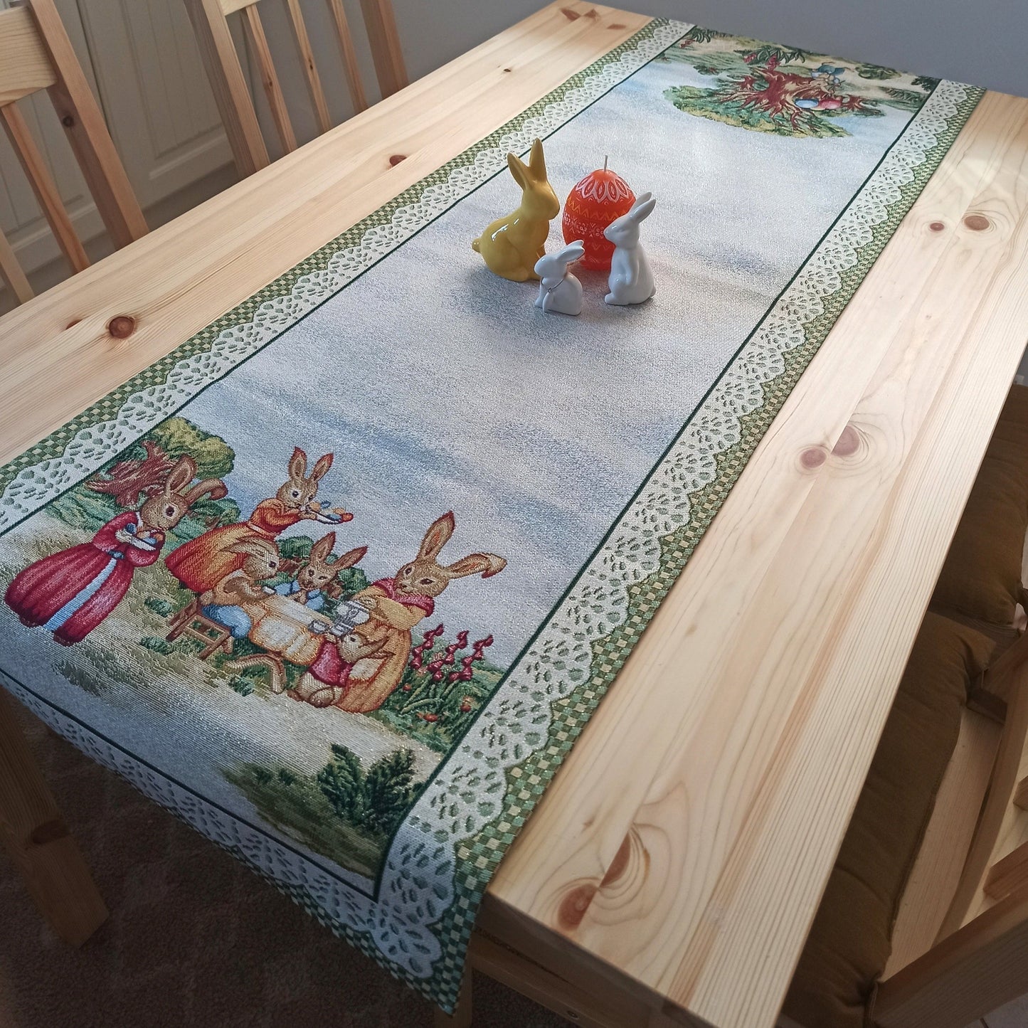 Easter Table Runners Golden Thread Tapestry Fabric Bunny Floral Green 