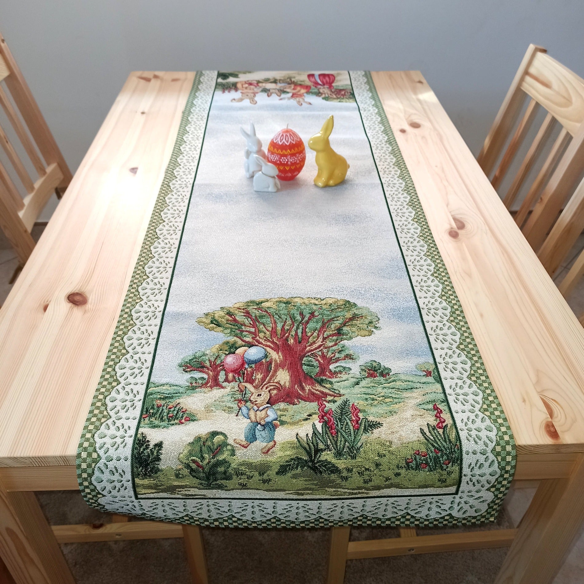 Easter Table Runners Golden Thread Tapestry Fabric Bunny Floral Green 