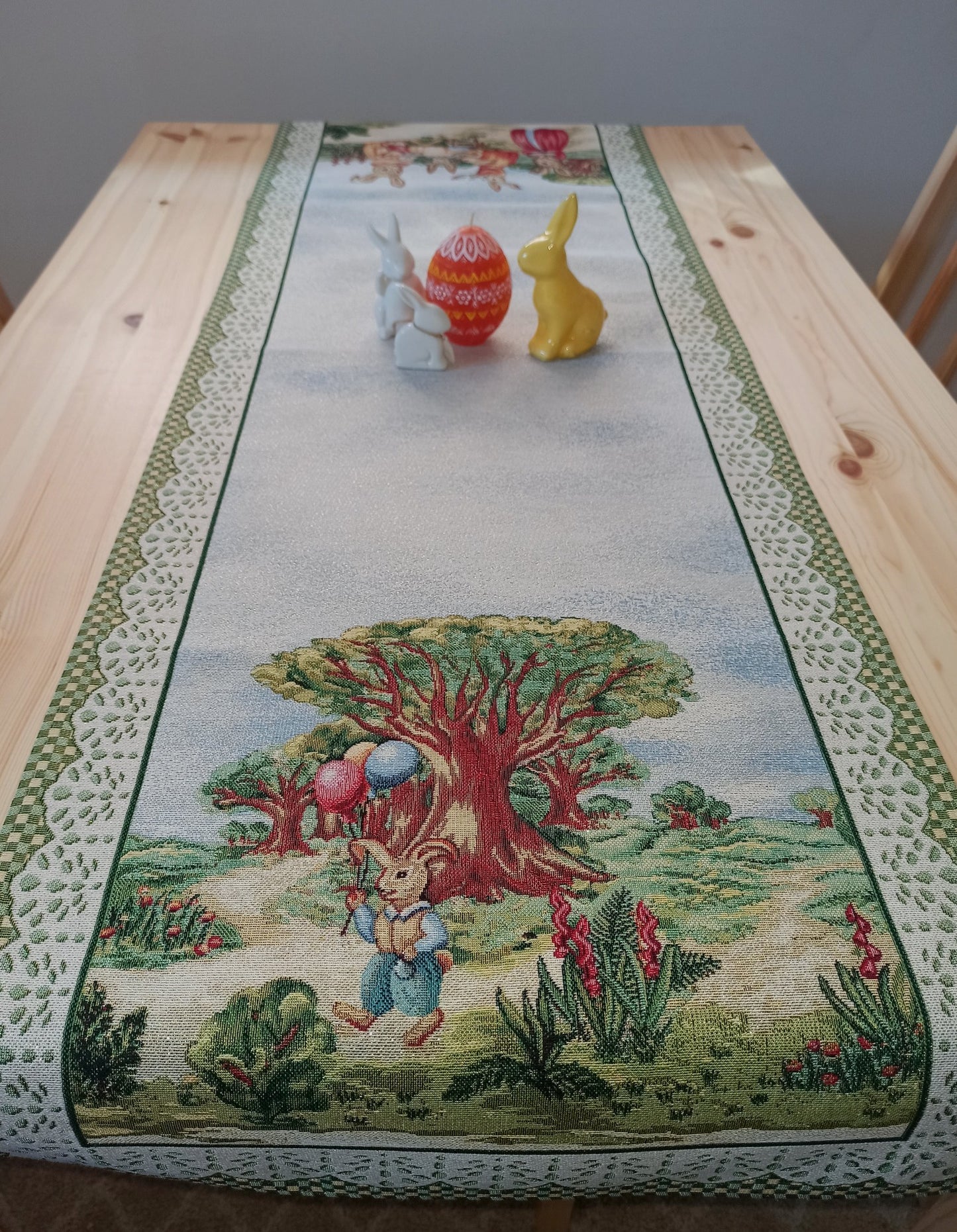 Easter Table Runners Golden Thread Tapestry Fabric Bunny Floral Green 