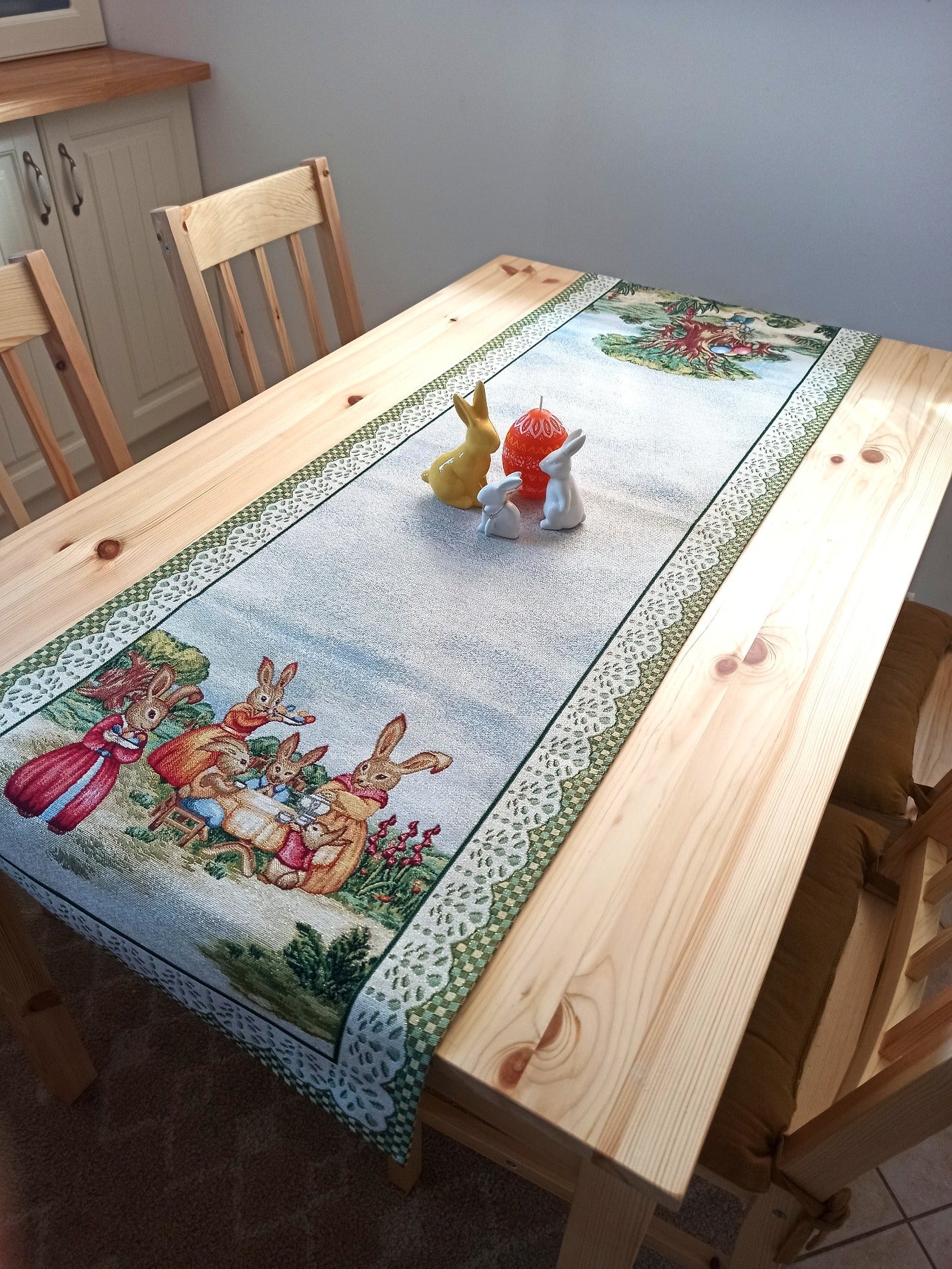 Easter Table Runners Golden Thread Tapestry Fabric Bunny Floral Green 