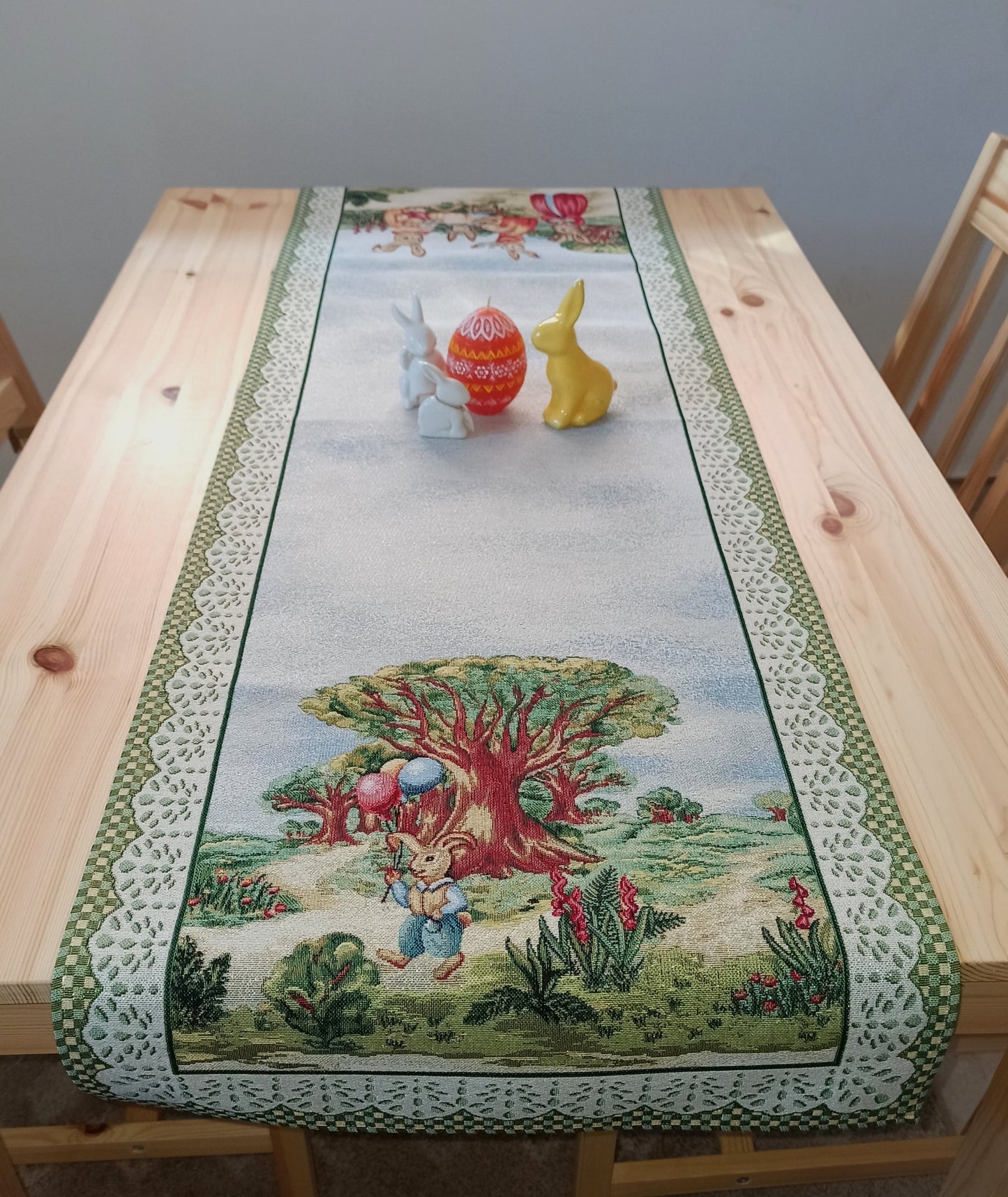 Easter Table Runners Golden Thread Tapestry Fabric Bunny Floral Green 