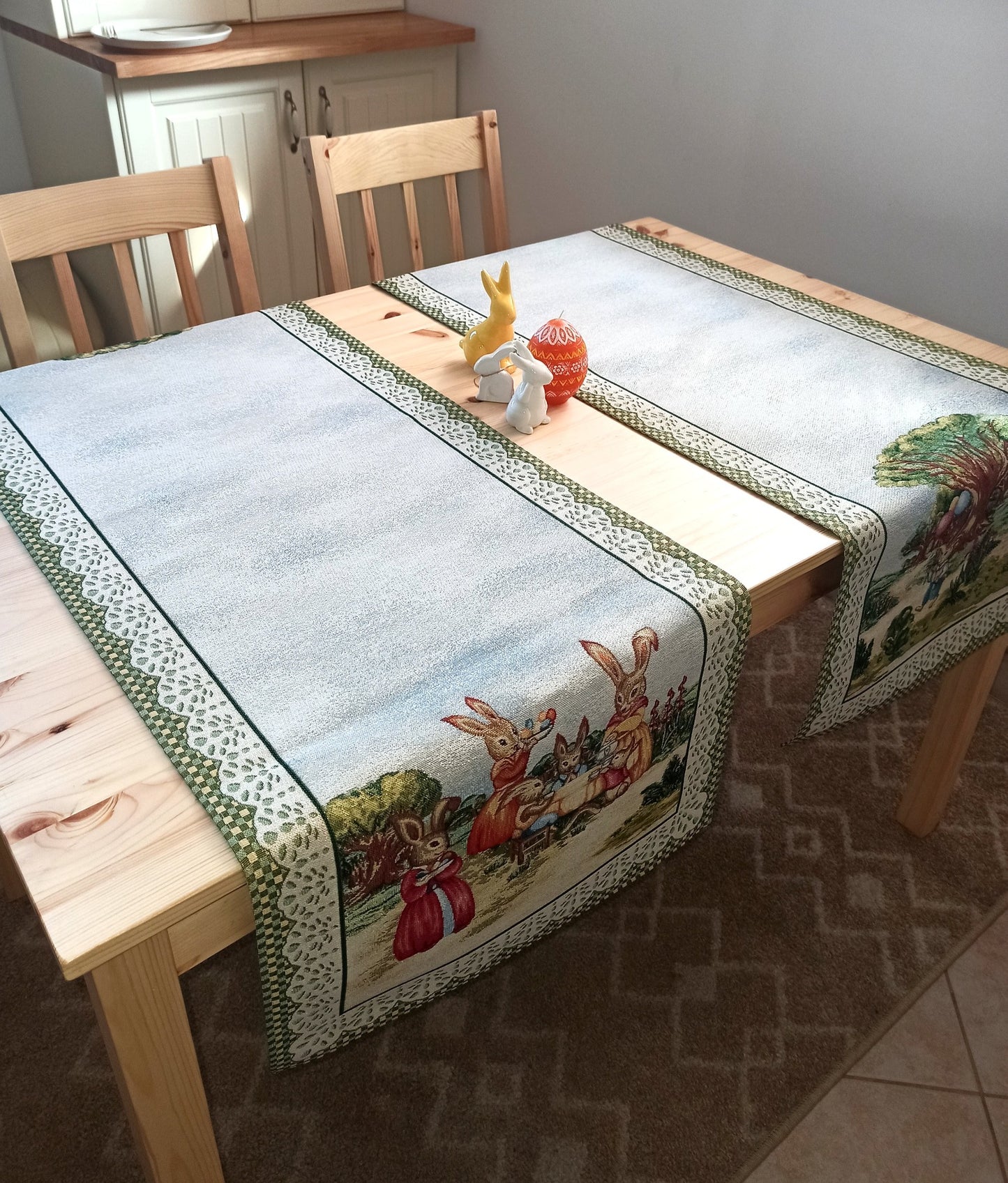 Easter Table Runners Golden Thread Tapestry Fabric Bunny Floral Green 