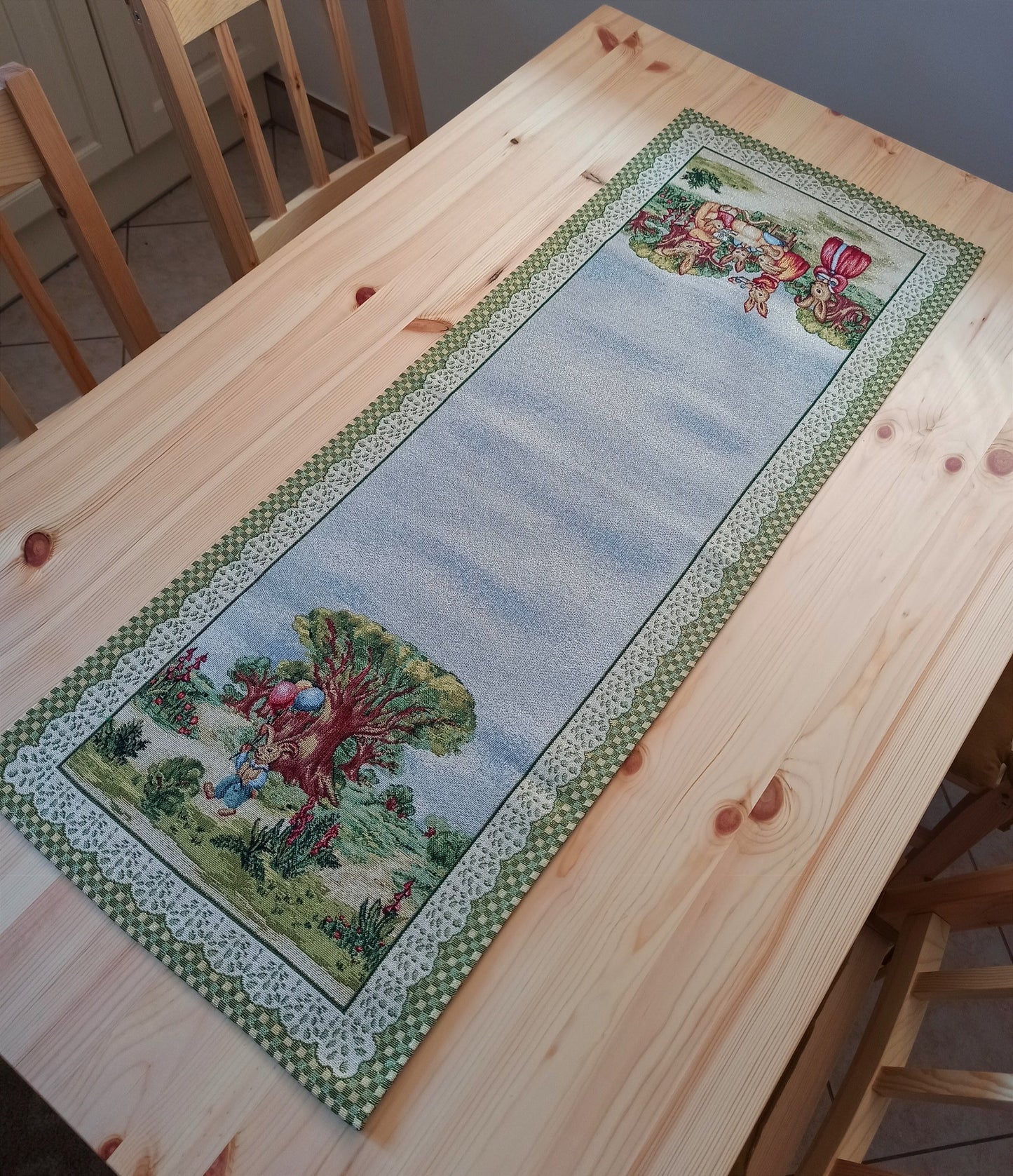 Easter Table Runners Golden Thread Tapestry Fabric Bunny Floral Green 