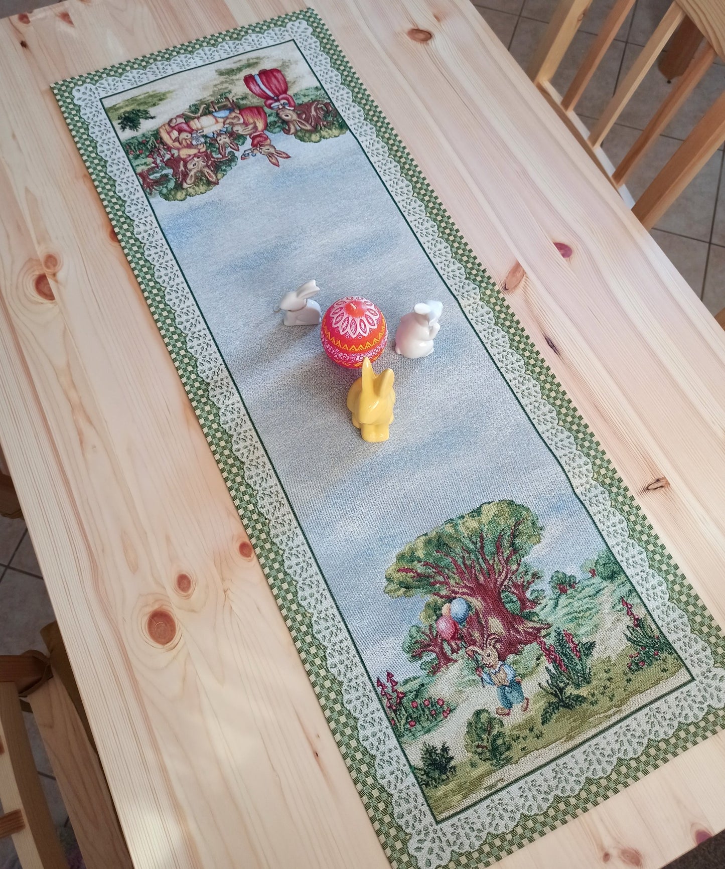 Easter Table Runners Golden Thread Tapestry Fabric Bunny Floral Green 