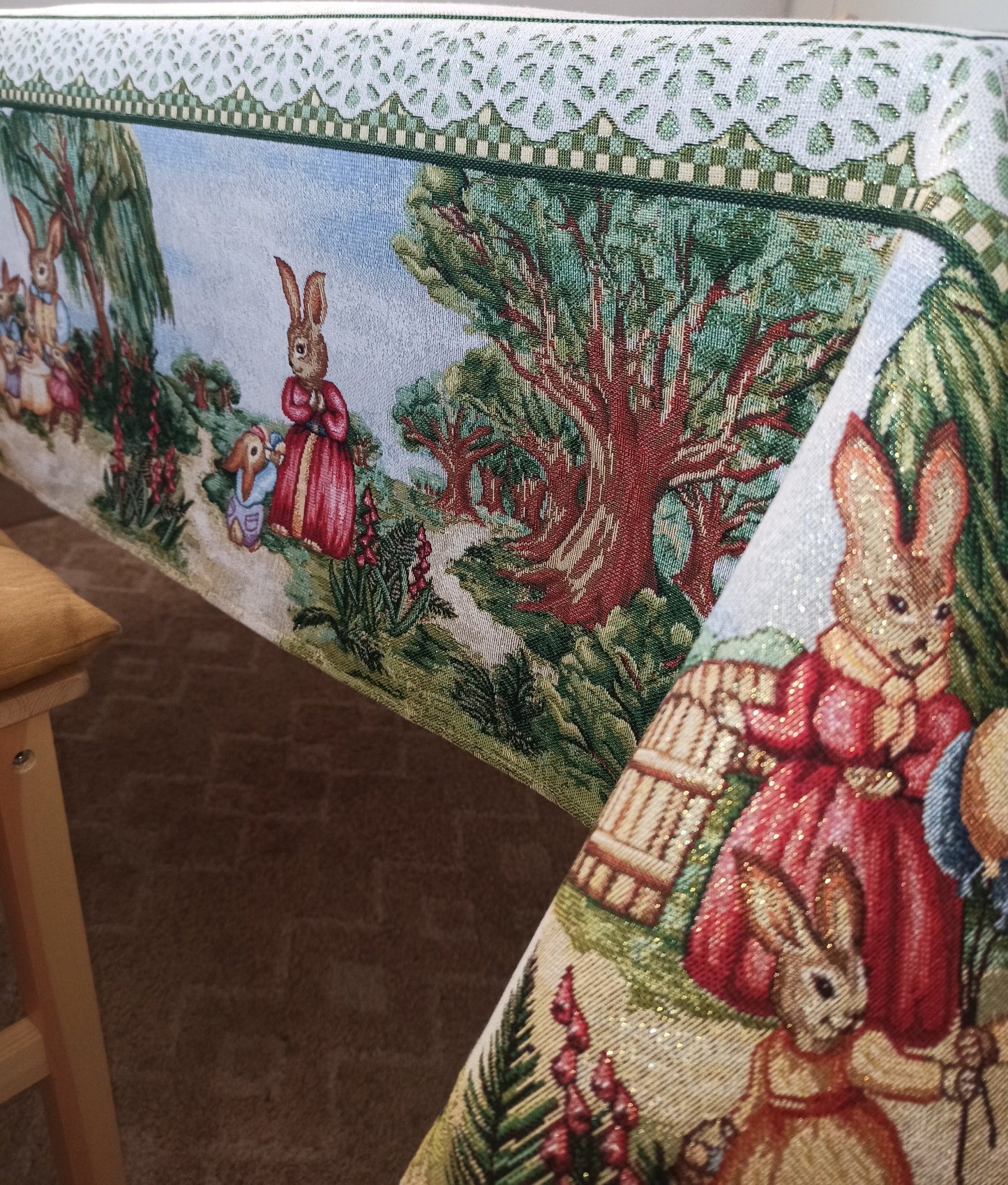 Easter Tablecloth Green Eggs Bunny Golden thread Table Linens for Square or Rectangle Round Table