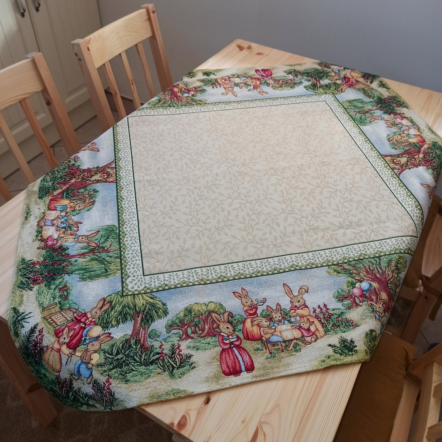 Easter Tablecloth Green with Eggs Bunny Flowers Table Linens for Square or Rectangle Table