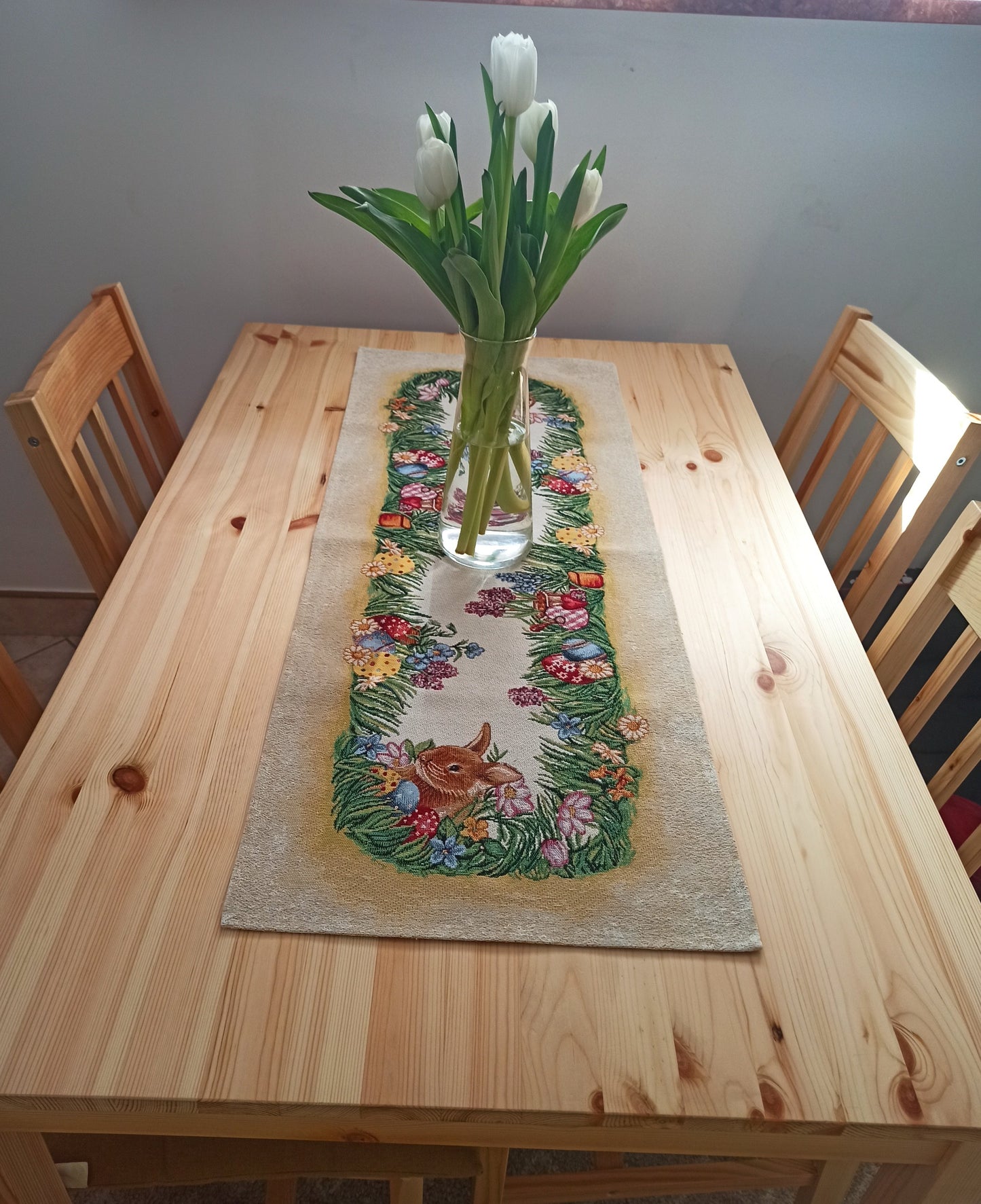 Easter Bunny Table Runner - Blue Pattern Flowers Jacquard Table Textiles Decor