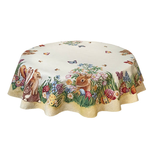 Round Easter Tablecloth Flowers and Funny Cute Bunny 140cm (53in)