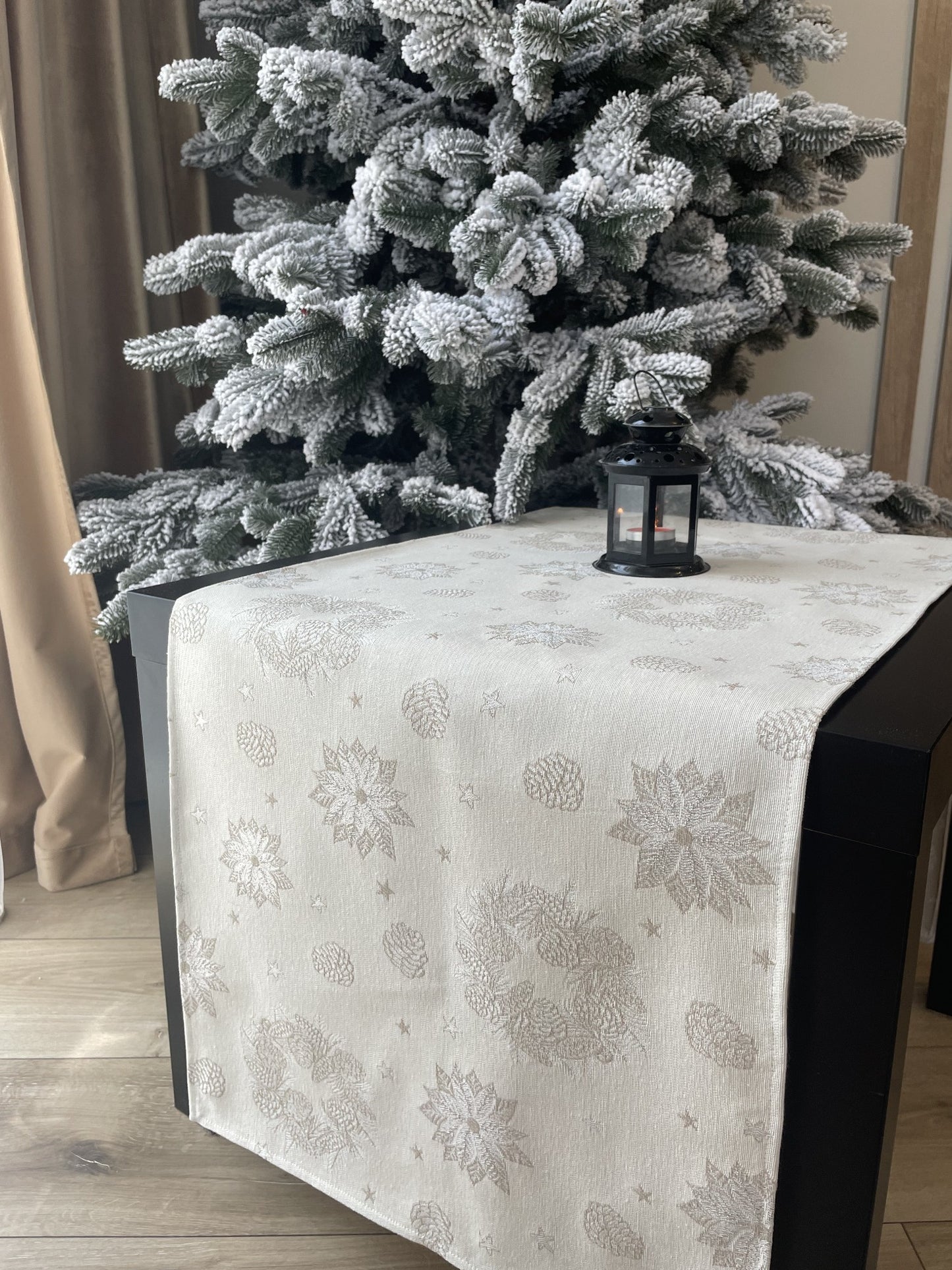 Christmas Table Runners Ivory with Silver threads, Tapestry Fabric, Christmas Cones