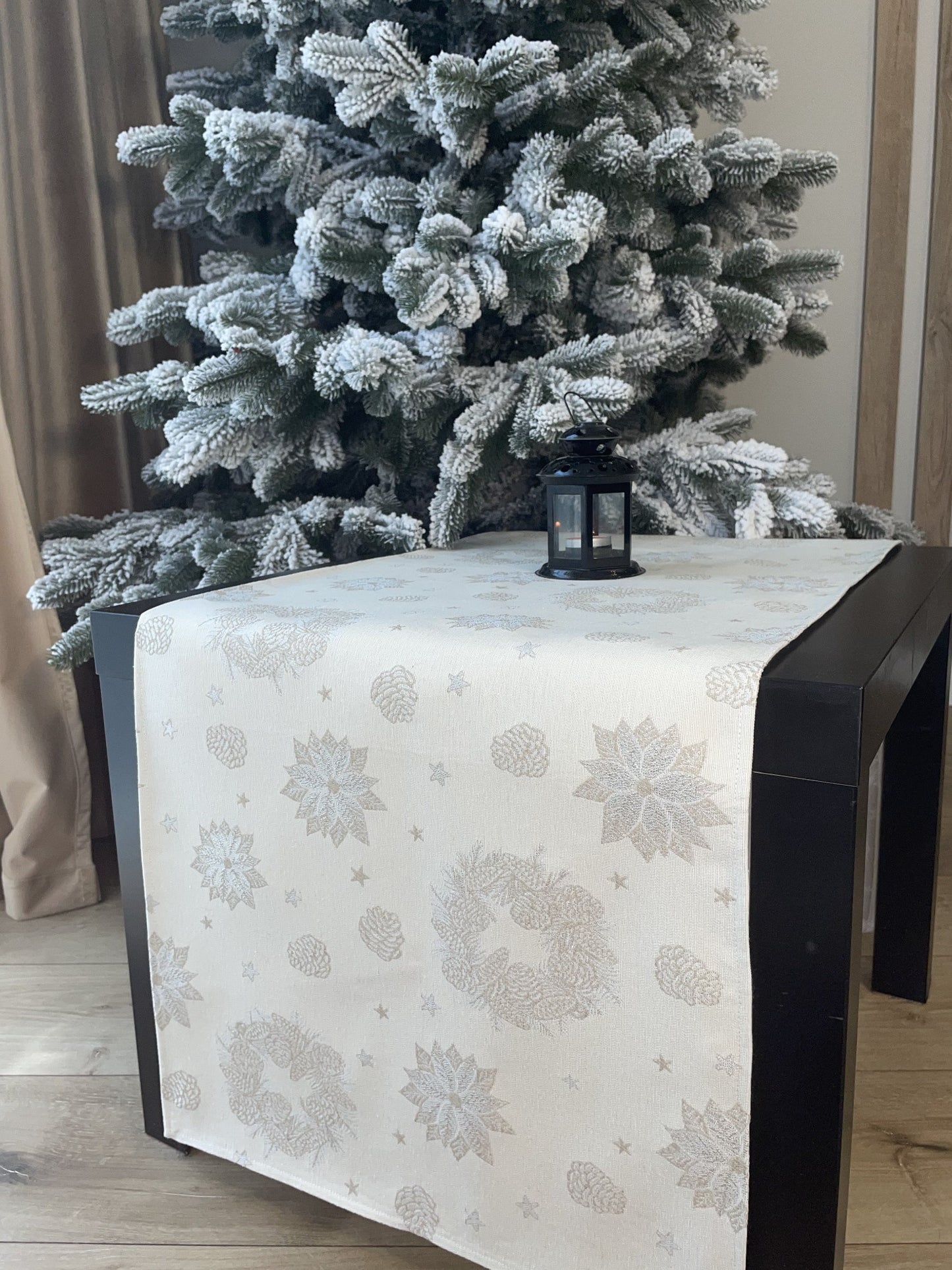 Christmas Table Runners Ivory with Silver threads, Tapestry Fabric, Christmas Cones