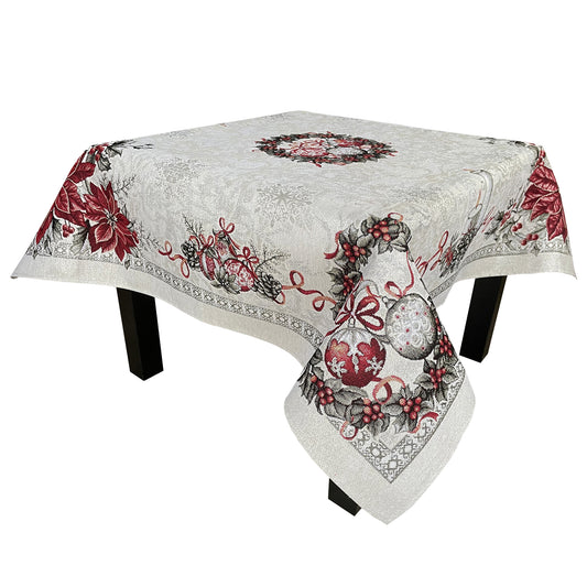 Christmas Tablecloth Fabric Holiday for Square Rectangle Table White with Silver threads Red Poinsettia