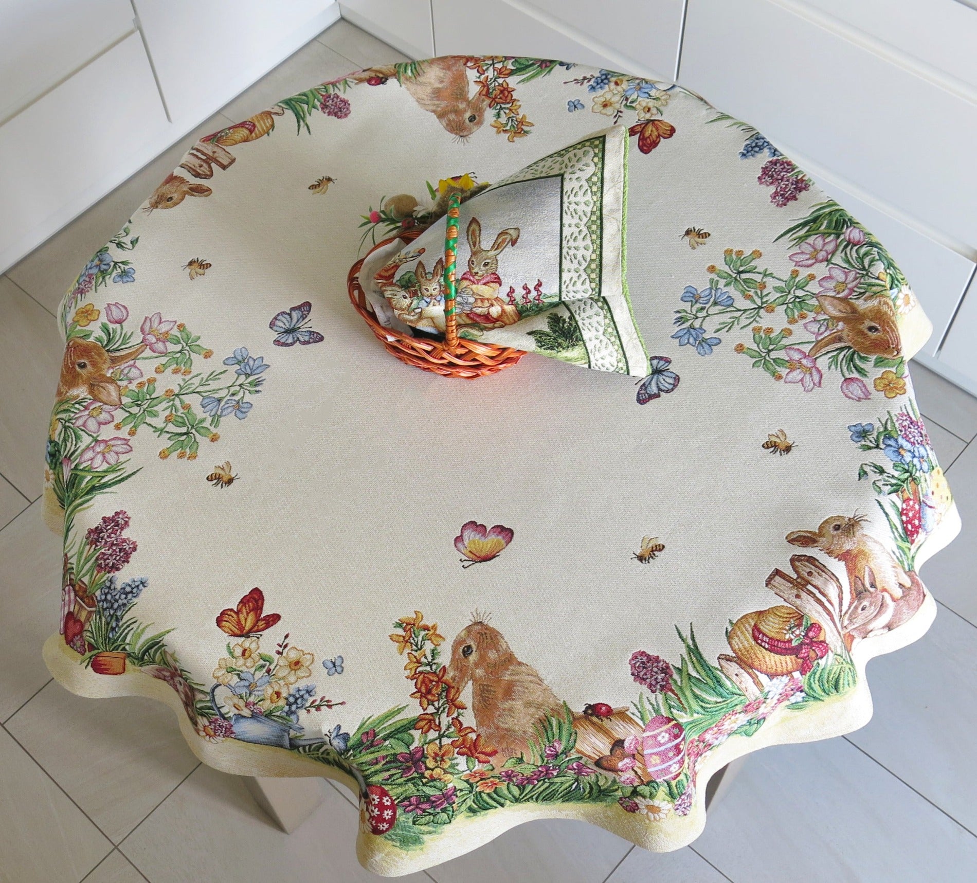 Round Easter Tablecloth Flowers and Funny Cute Bunny 140cm (53in)