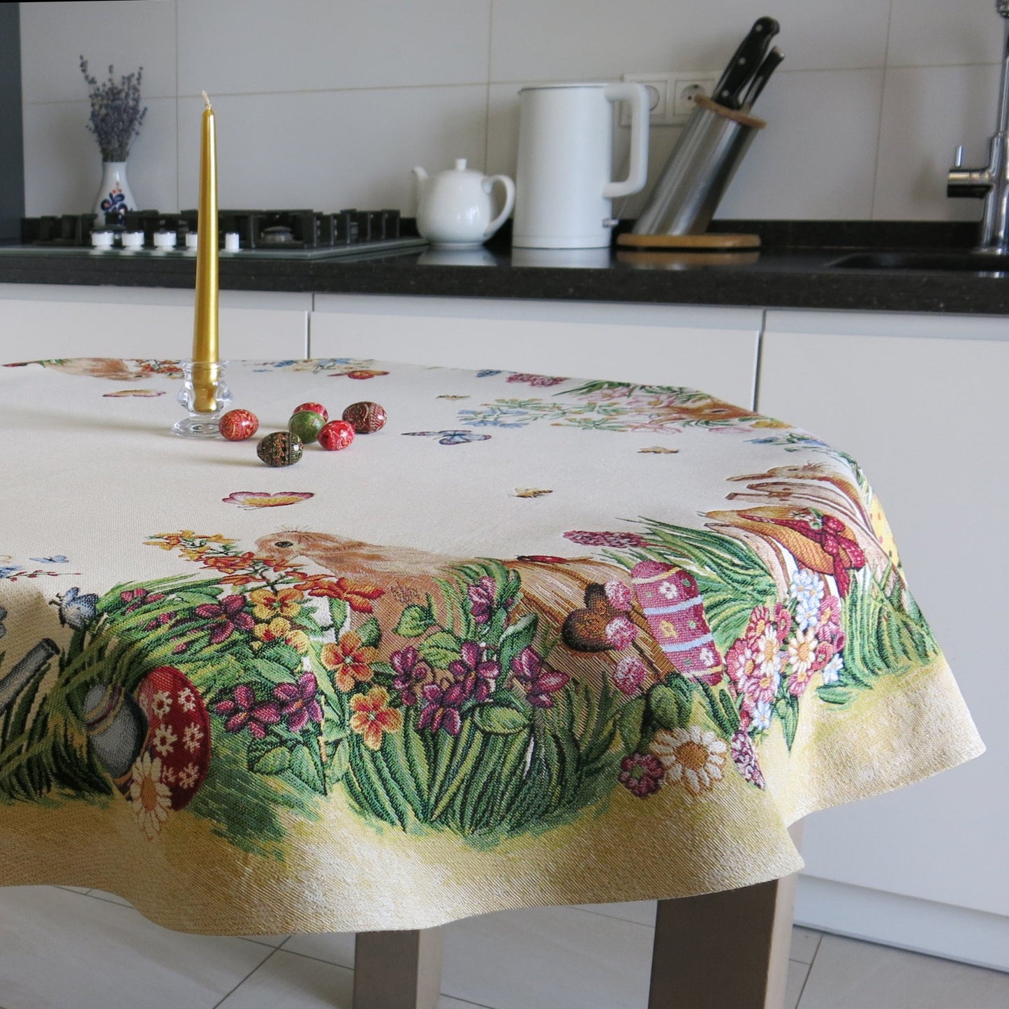 Round Easter Tablecloth Flowers and Funny Cute Bunny 140cm (53in)