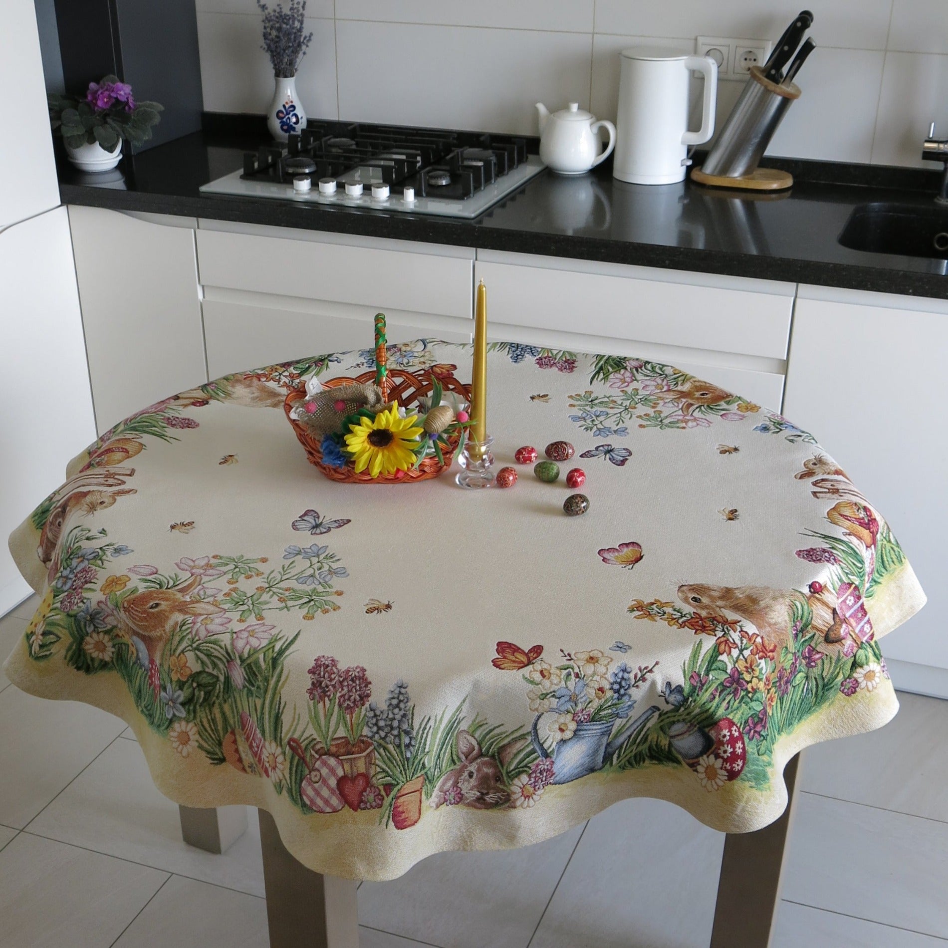 Round Easter Tablecloth Flowers and Funny Cute Bunny 140cm (53in)