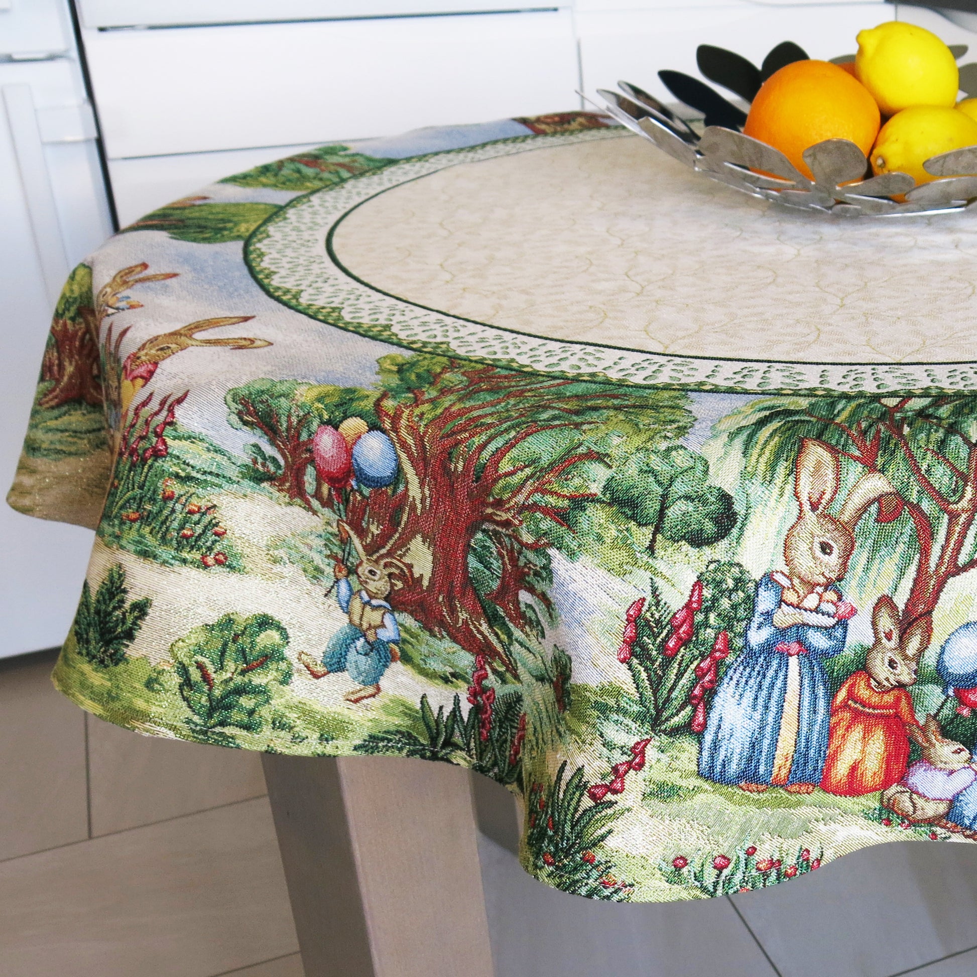 Round Easter Tablecloth Flowers and Funny Cute Bunny 140cm (53in) with Golden thread