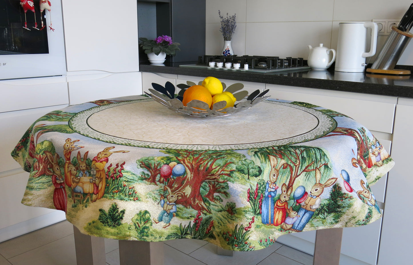 Round Easter Tablecloth Flowers and Funny Cute Bunny 140cm (53in) with Golden thread