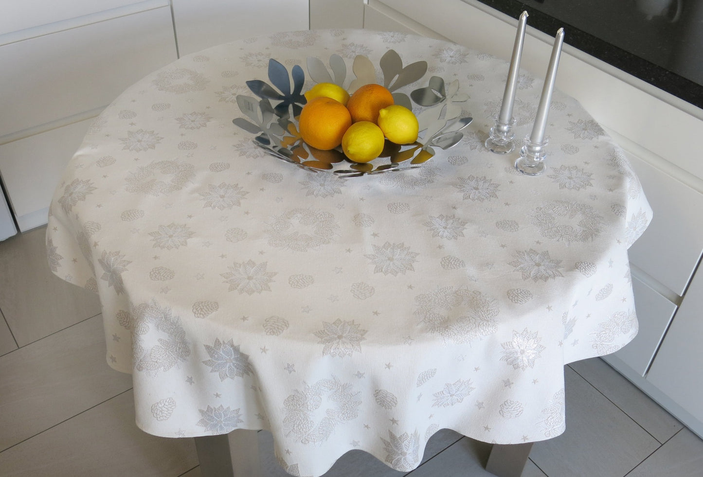 Round Tablecloth Christmas White Silver Fabric Holiday Custom X-mas Table Cover