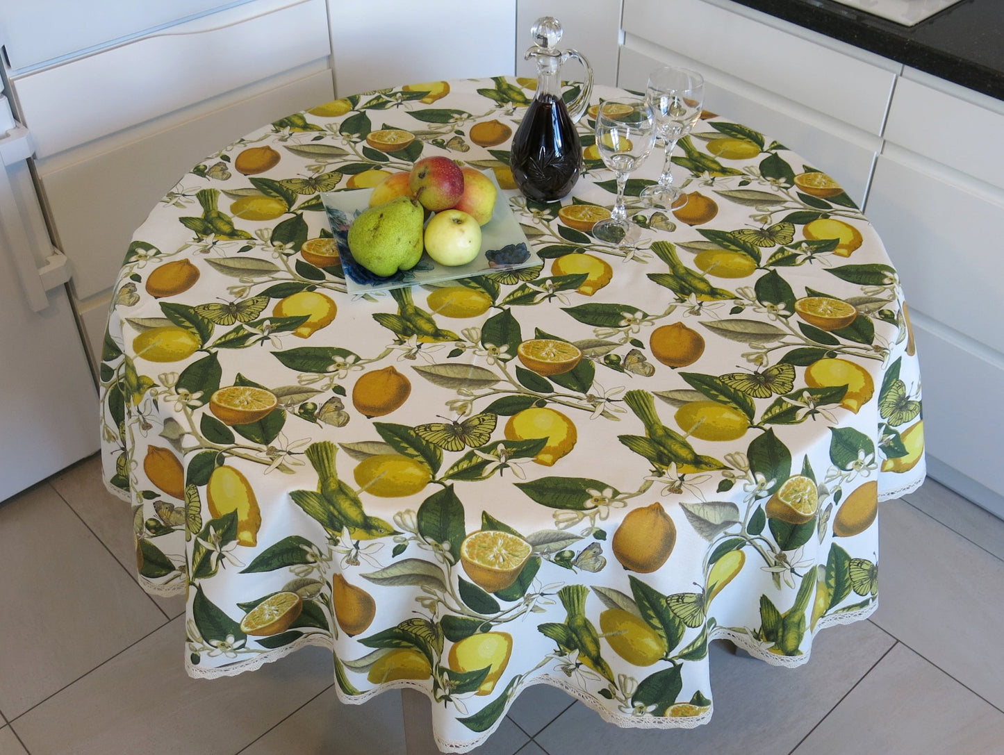 Round Tablecloth Fabric Summer Waterproof Cotton with Teflon coated Yellow Lemon Birds and Butterflies