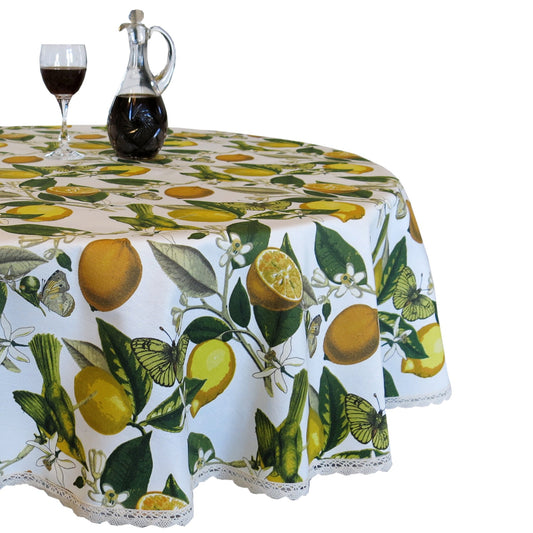 Round Tablecloth Fabric Summer Waterproof Cotton with Teflon coated Yellow Lemon Birds and Butterflies