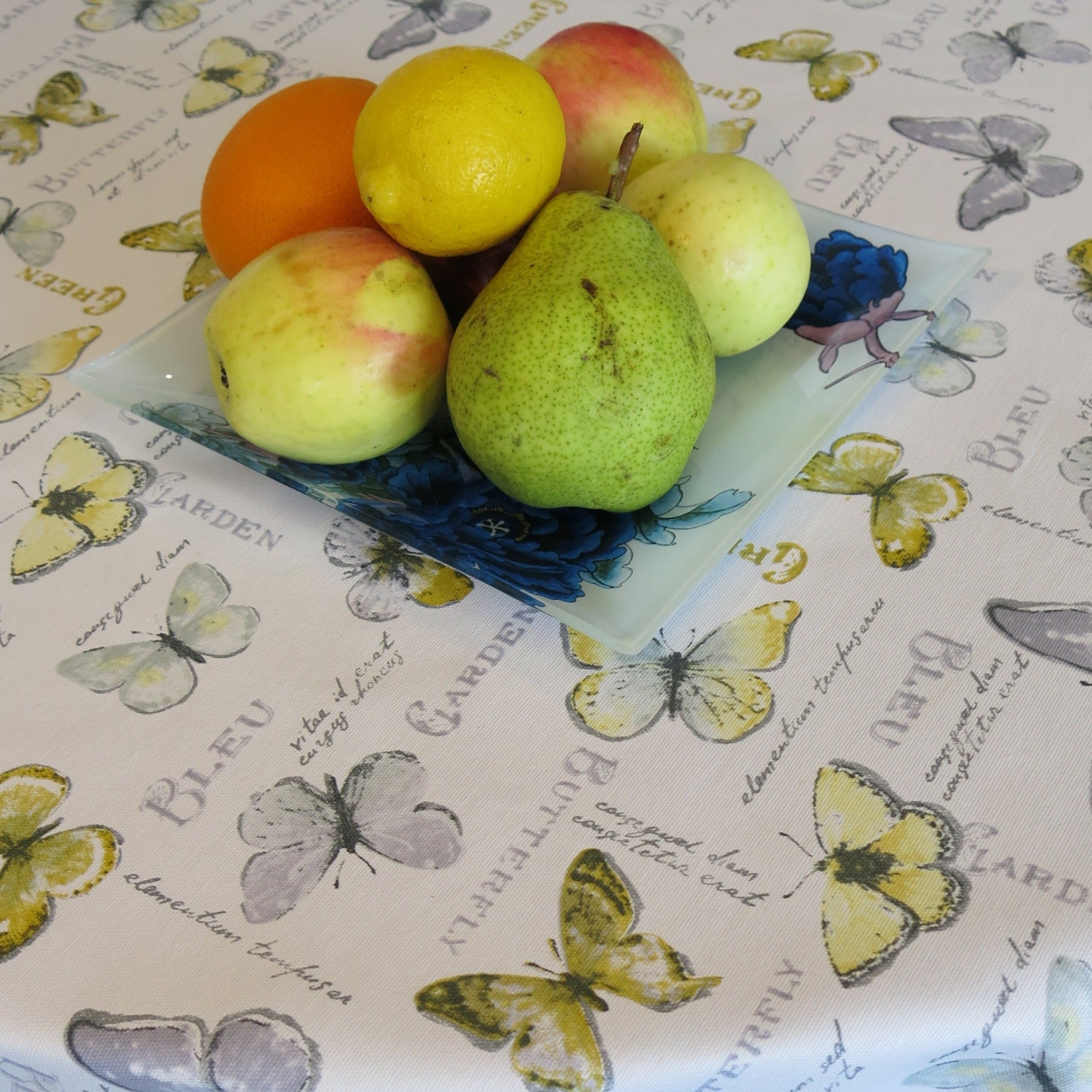 Tablecloth Round Dirt resistant Waterproof Natural Fabric with Teflon Coated Gray and Yellow Buterfliys