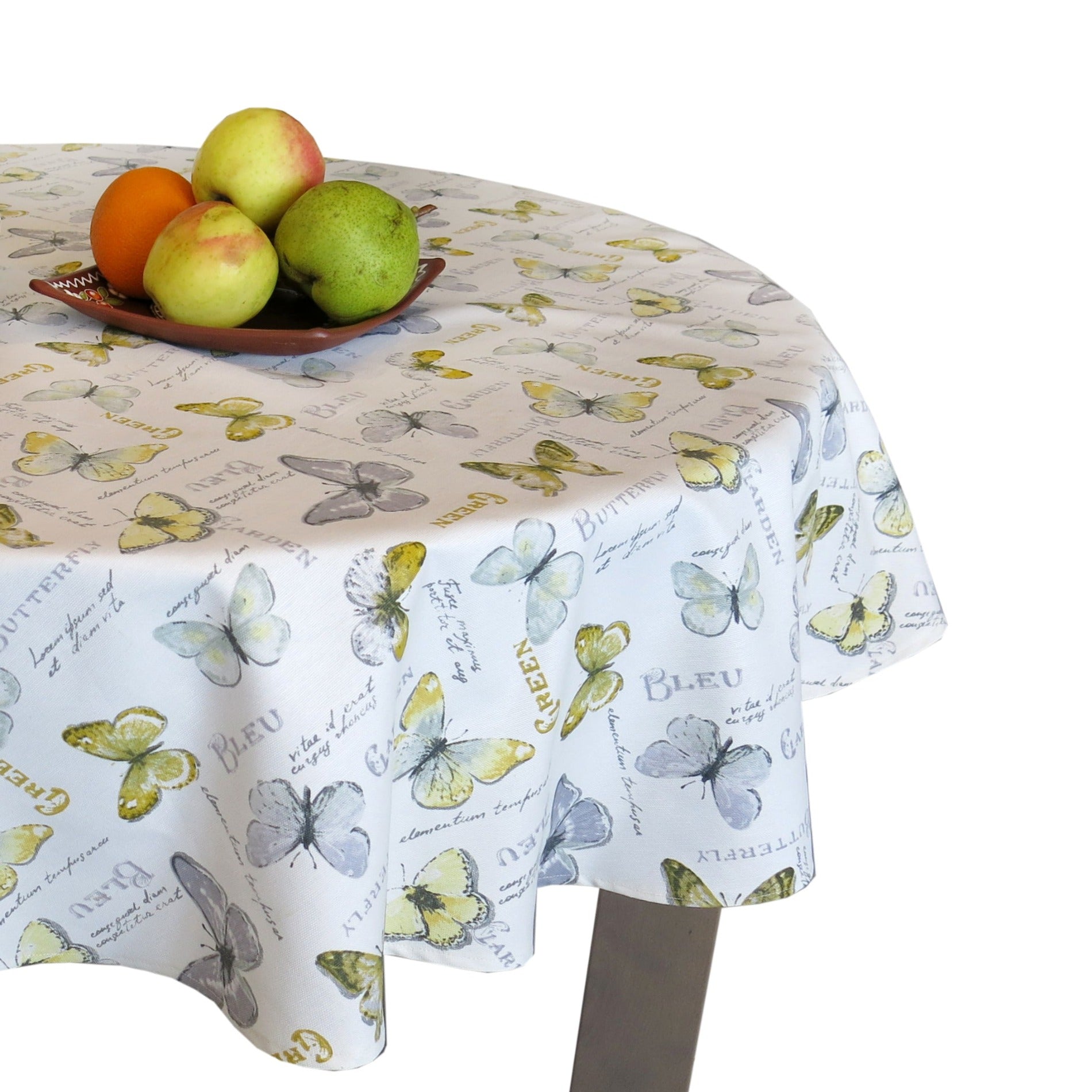 Tablecloth Round Dirt resistant Waterproof Natural Fabric with Teflon Coated Gray and Yellow Buterfliys