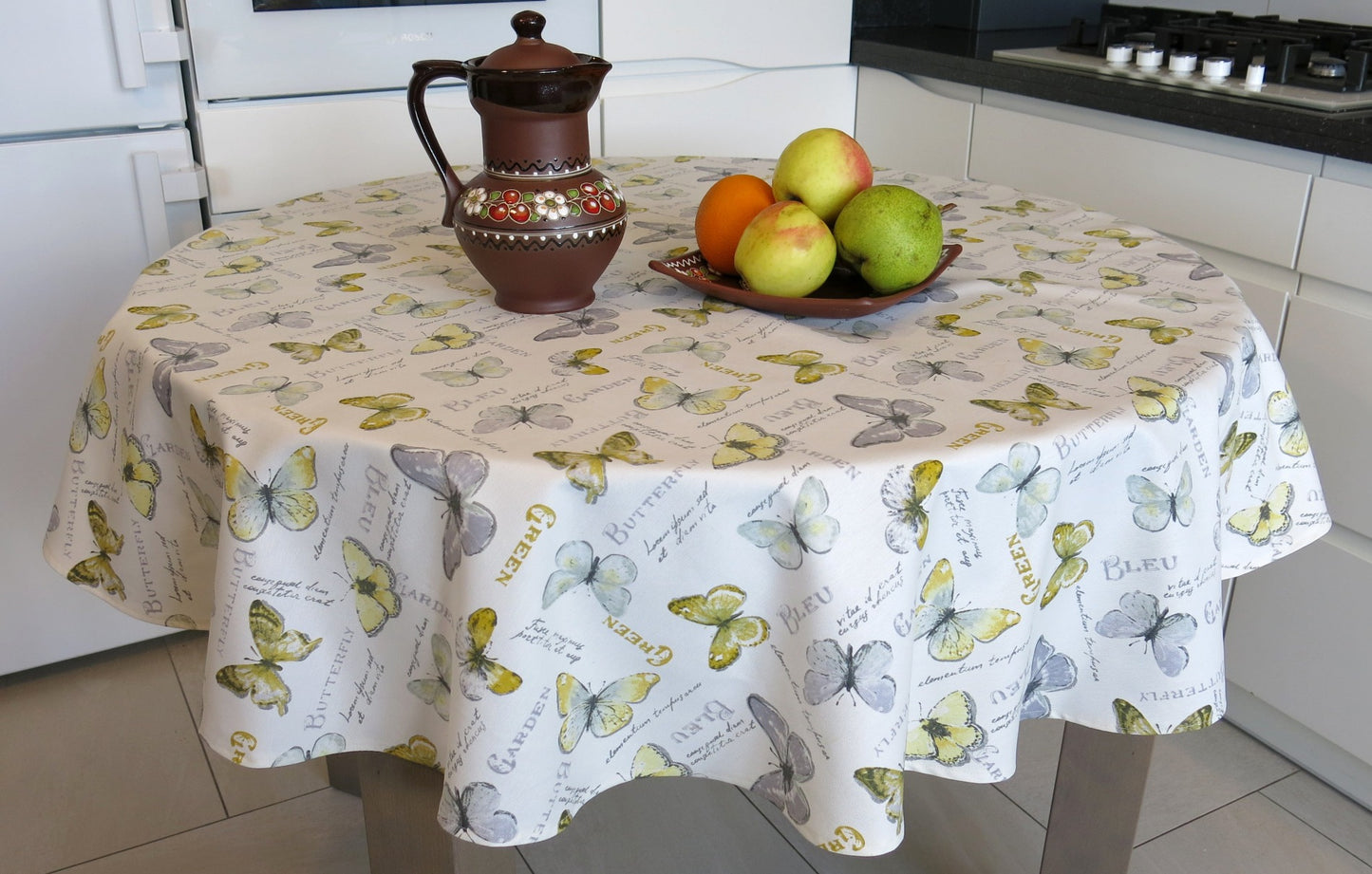 Tablecloth Round Dirt resistant Waterproof Natural Fabric with Teflon Coated Gray and Yellow Buterfliys