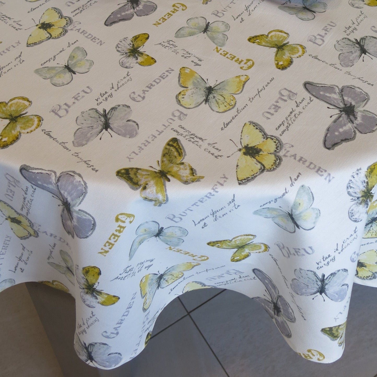 Tablecloth Round Dirt resistant Waterproof Natural Fabric with Teflon Coated Gray and Yellow Buterfliys