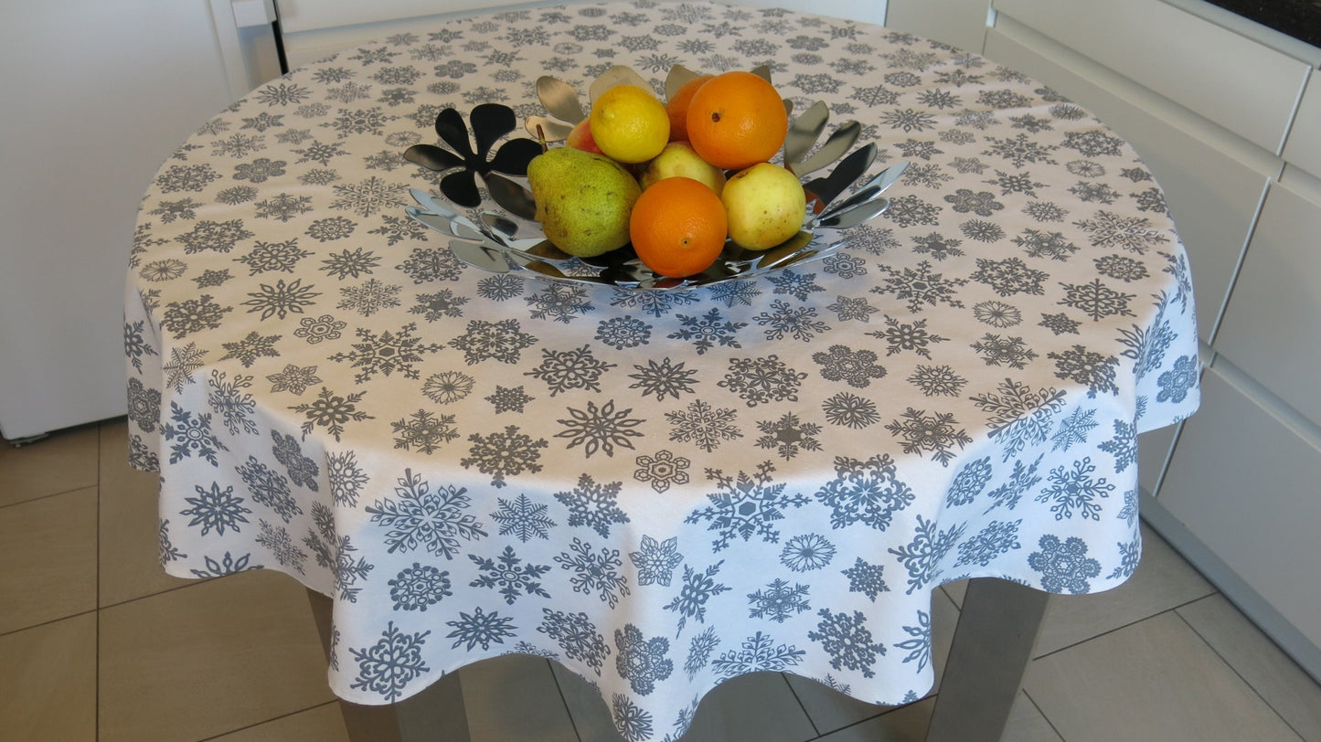 Round Christmas Tablecloth White Gray Waterproof Fabric Dirt resistant Table Cover