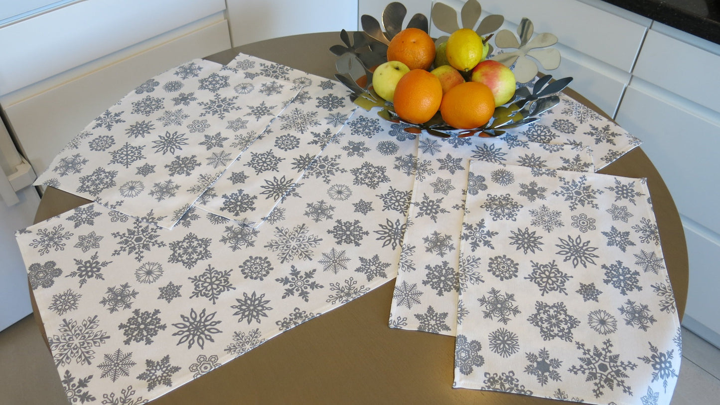 Table Runner White Decorative Waterproof Rectangular Christmas with Gray Snowflakes