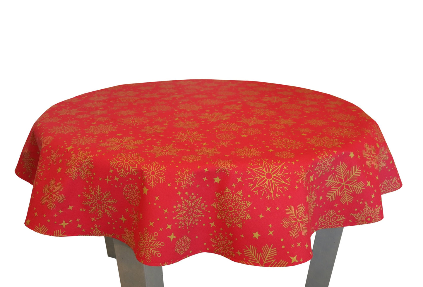 Round Tablecloth Christmas Red with Yellow Snowflakes Waterproof Fabric Dirt resistant Table Cover