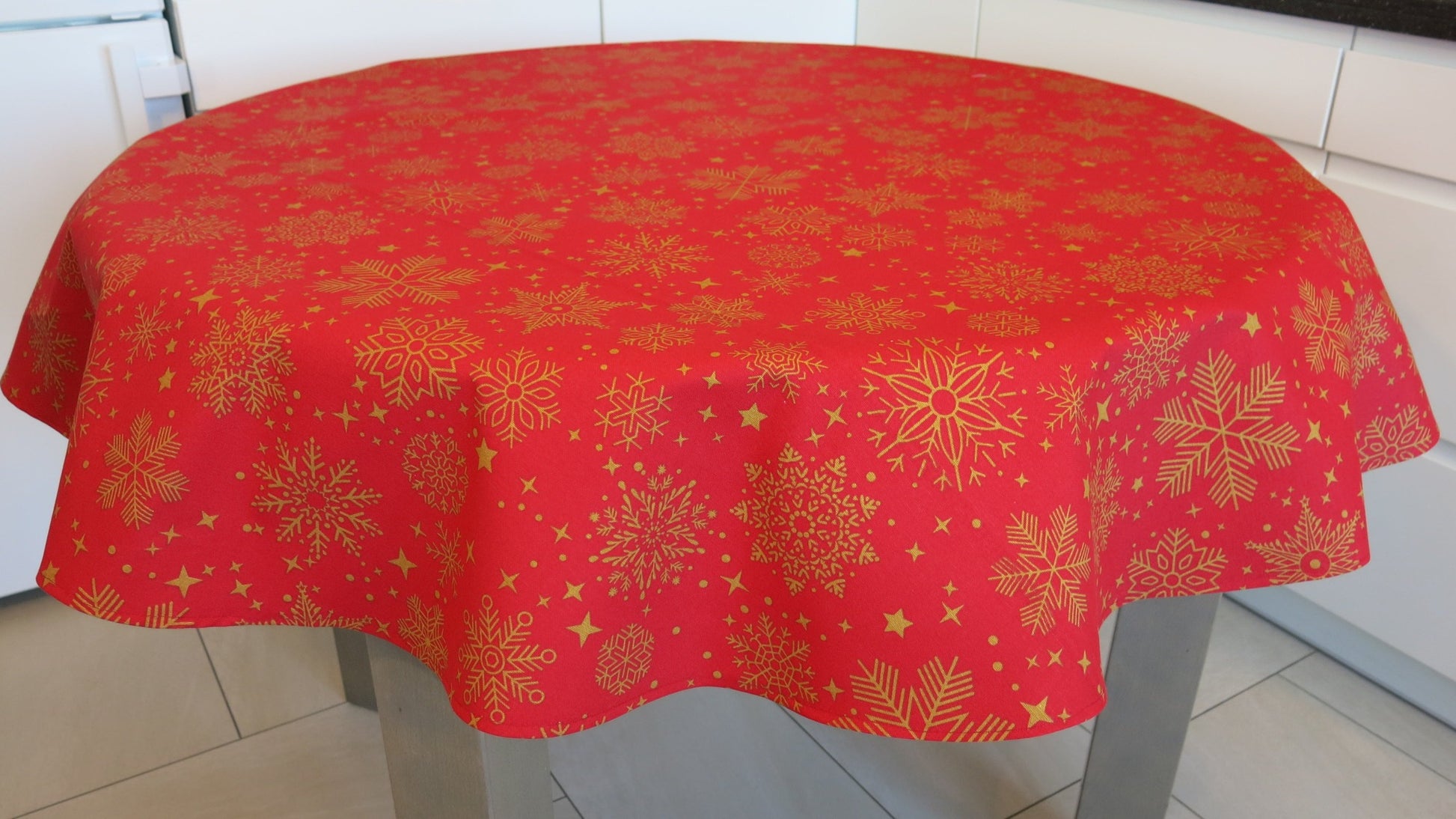 Round Tablecloth Christmas Red with Yellow Snowflakes Waterproof Fabric Dirt resistant Table Cover