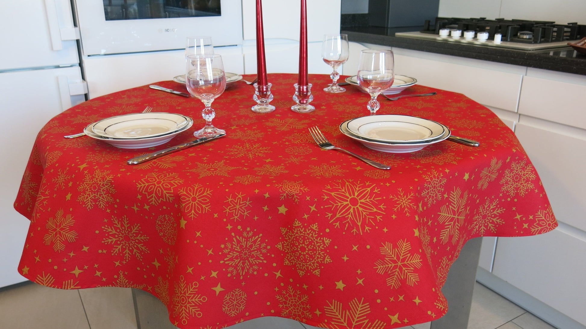 Round Tablecloth Christmas Red with Yellow Snowflakes Waterproof Fabric Dirt resistant Table Cover