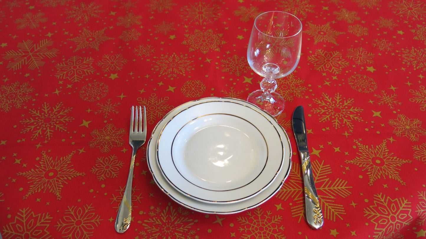 Round Tablecloth Christmas Red with Yellow Snowflakes Waterproof Fabric Dirt resistant Table Cover