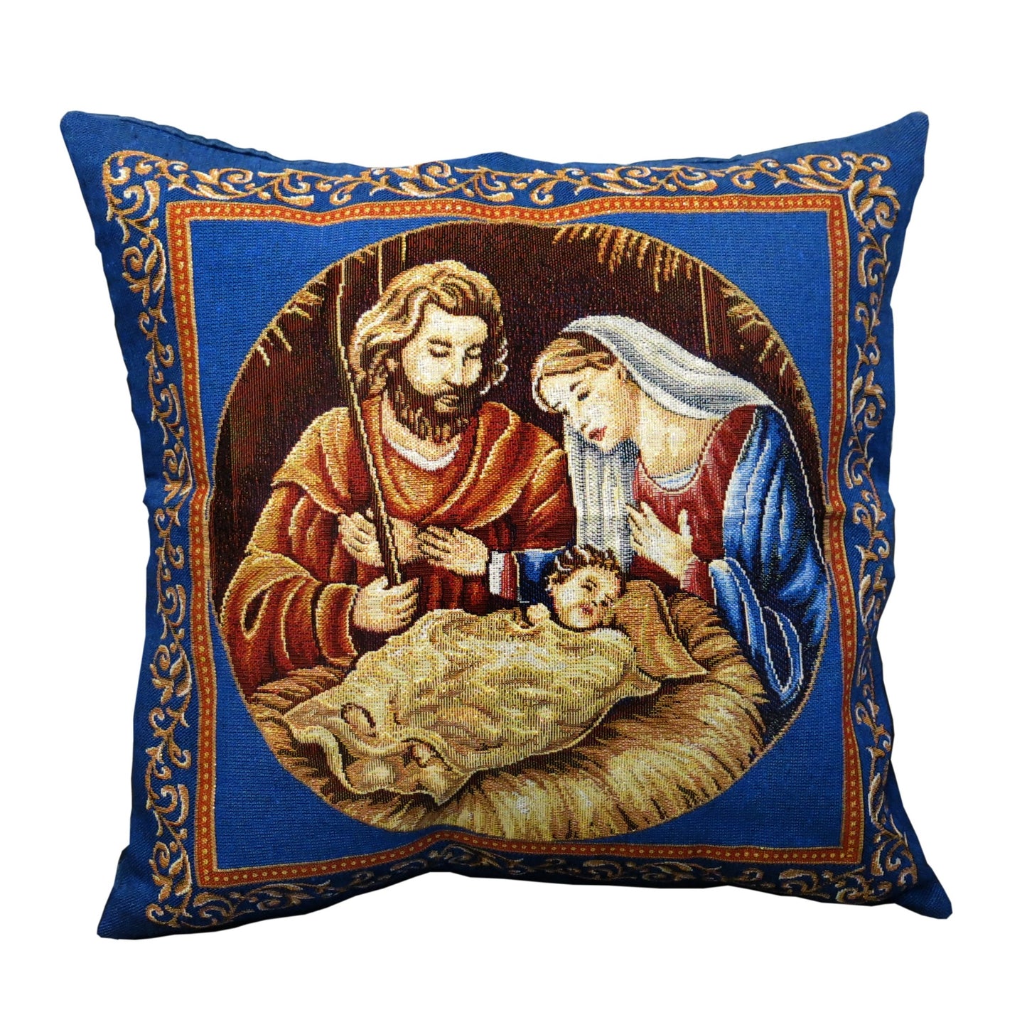 Nativity Blue Christmas Throw Pillow Covers Christian icon Jesus Birth Cushion Cover with Golden threads18in