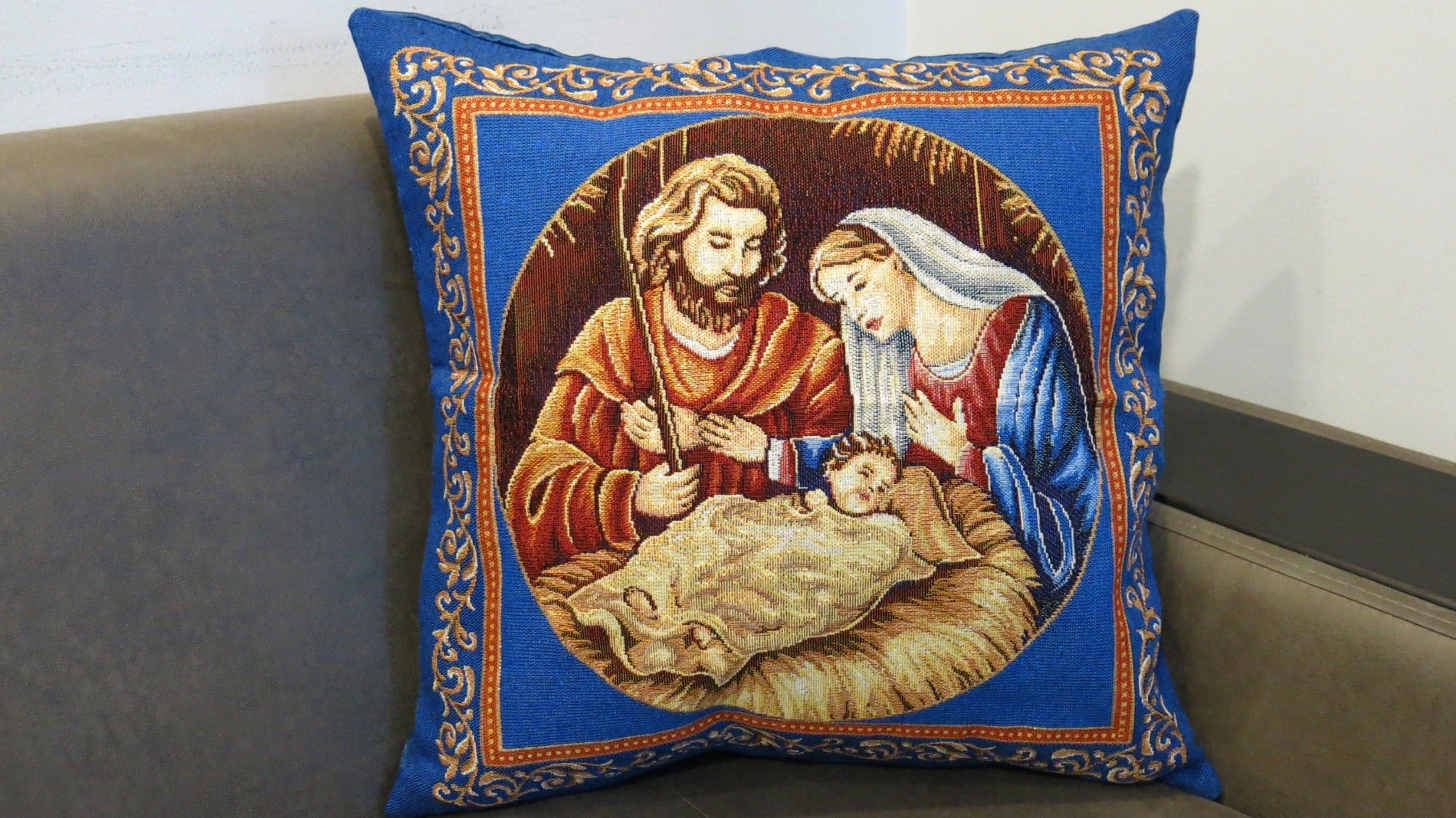 Nativity Blue Christmas Throw Pillow Covers Christian icon Jesus Birth Cushion Cover with Golden threads18in