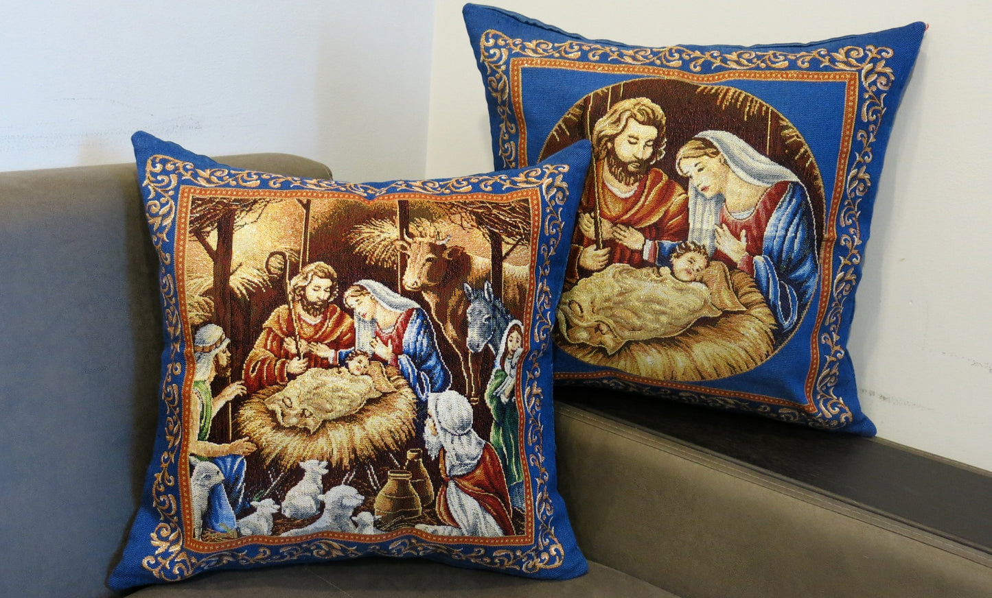 Nativity Blue Christmas Throw Pillow Covers Christian icon Jesus Birth Cushion Cover with Golden threads18in