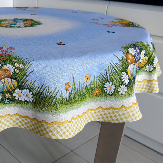 Easter Tablecloth Swan with Eggs Flowers and Golden thread Table Cover