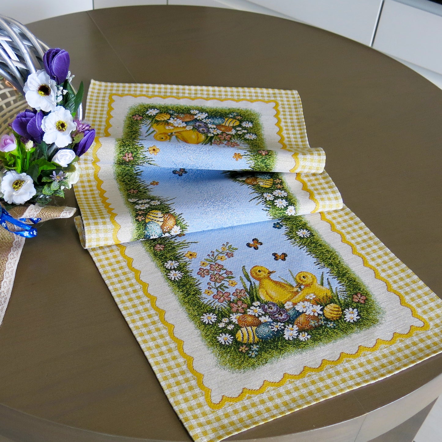 Table Runners for Easter Swan Golden Thread Tapestry Fabric Floral Blue