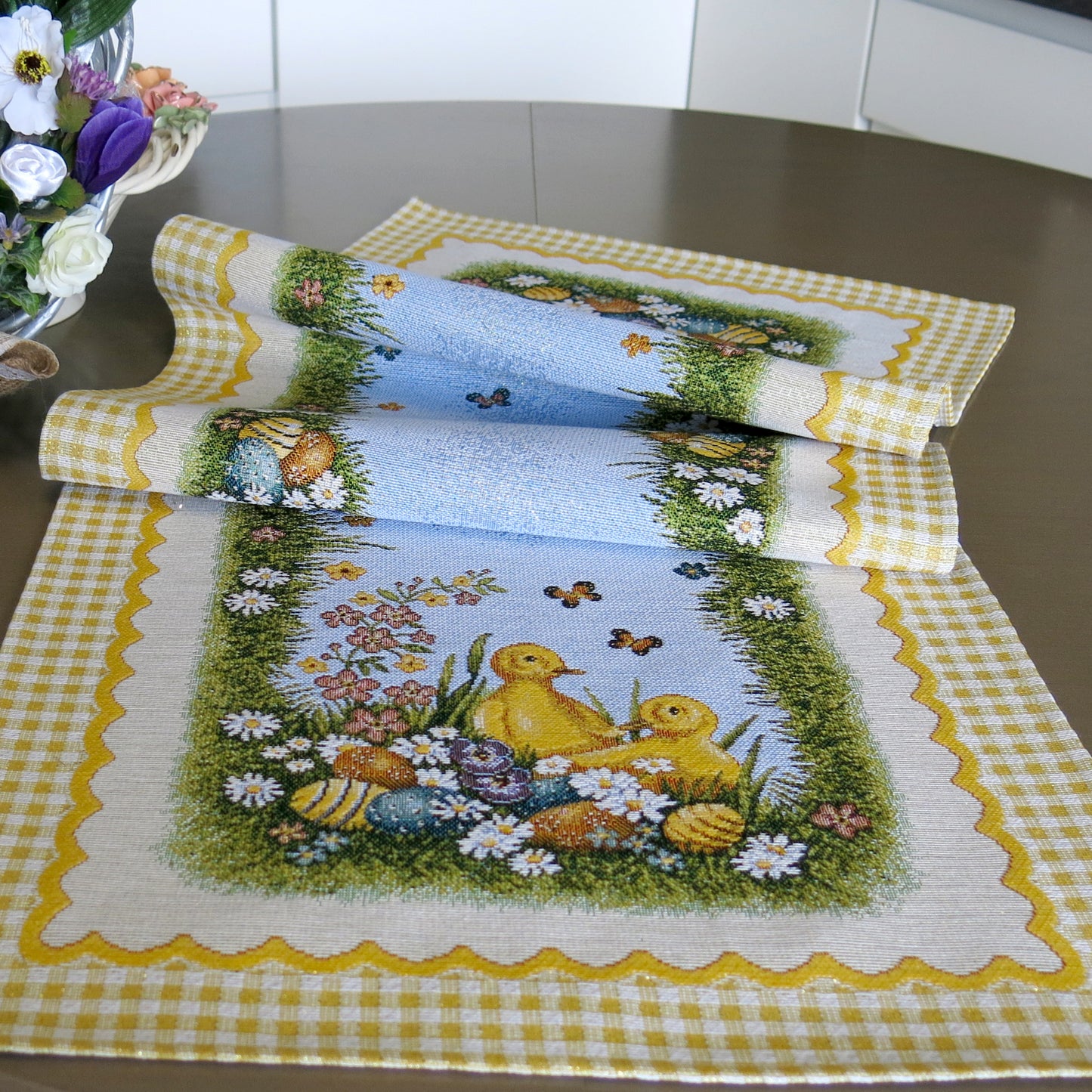 Table Runners for Easter Swan Golden Thread Tapestry Fabric Floral Blue