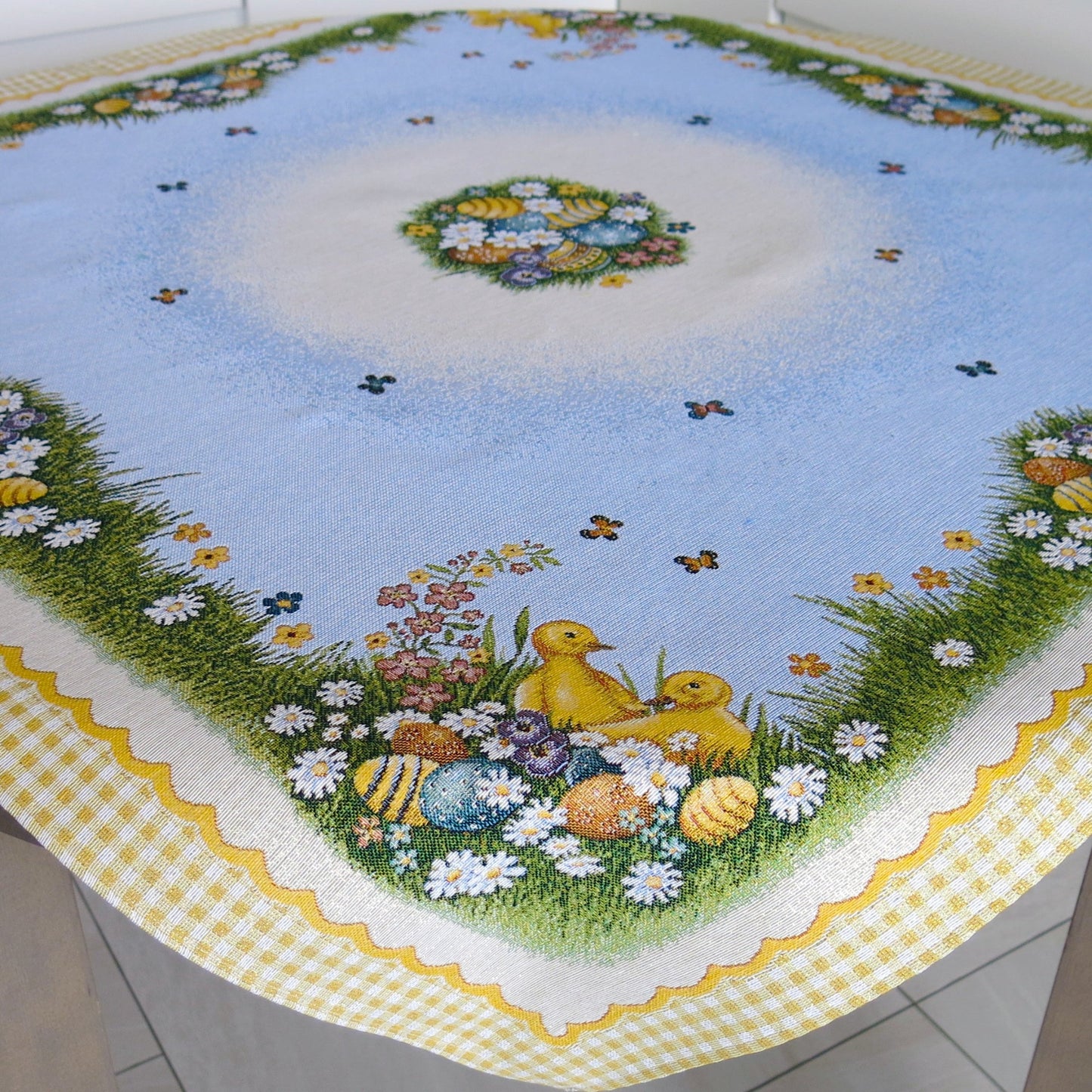 Easter Tablecloth Swan with Eggs Flowers and Golden thread Table Cover