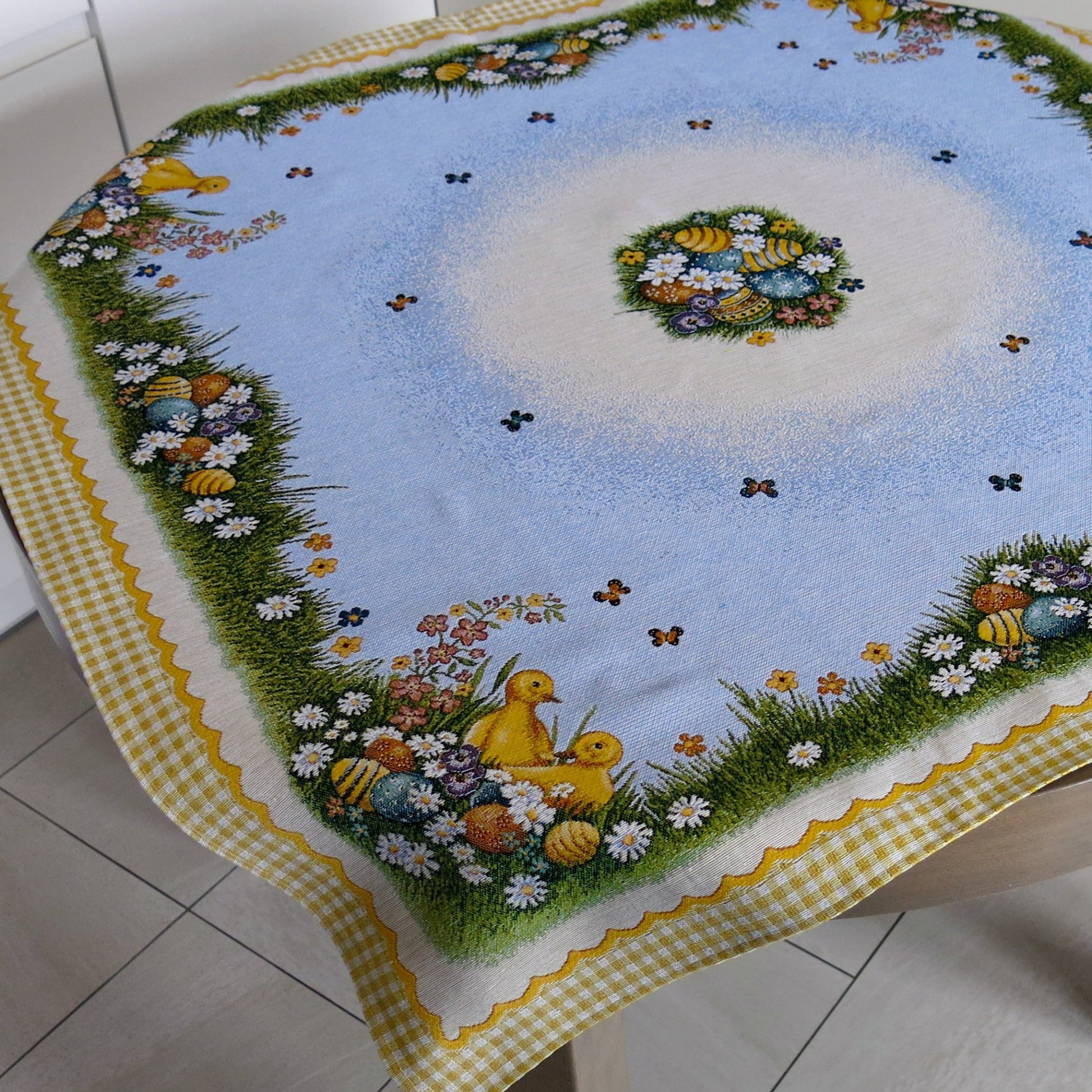 Easter Tablecloth Swan with Eggs Flowers and Golden thread Table Cover