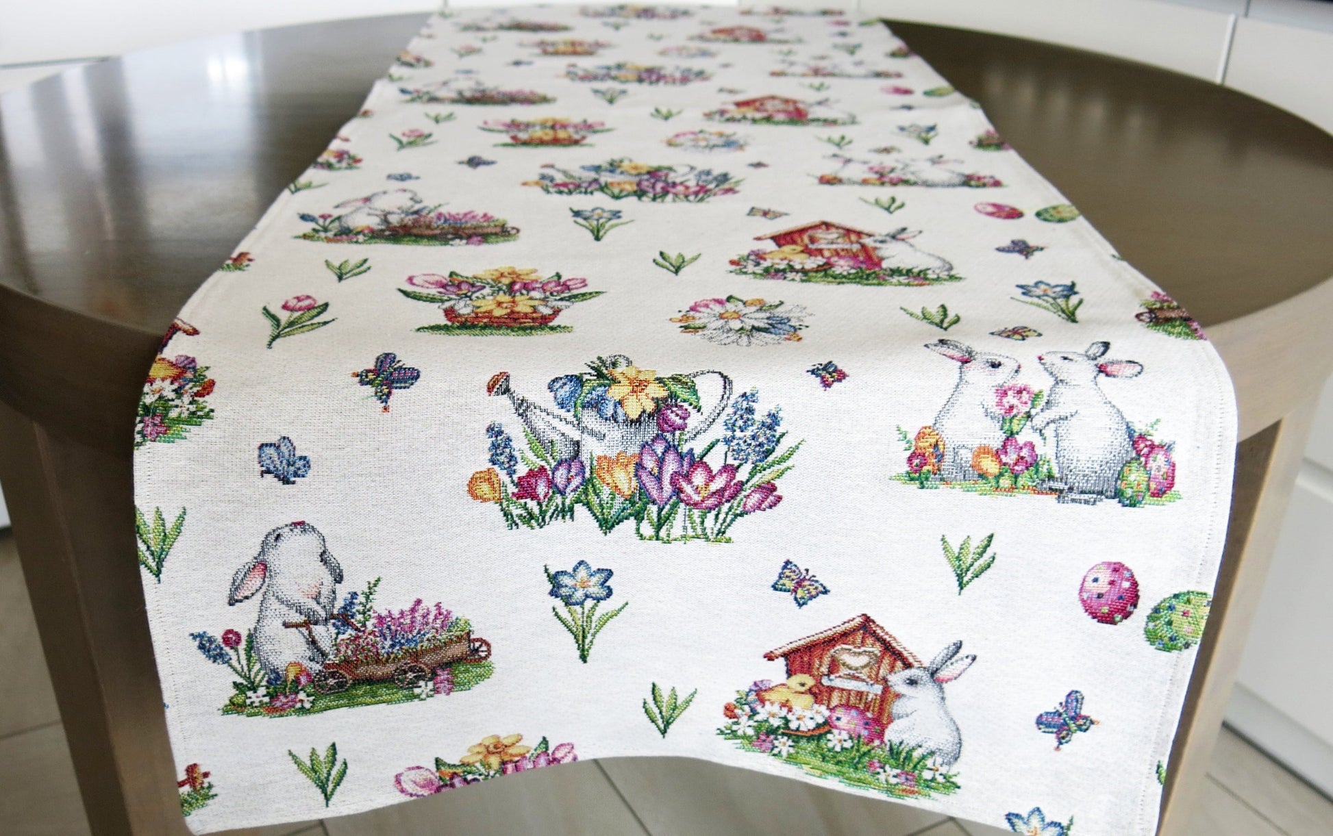 Table Runner for Easter with Eggs Tapestry Fabric Cute Bunny Floral