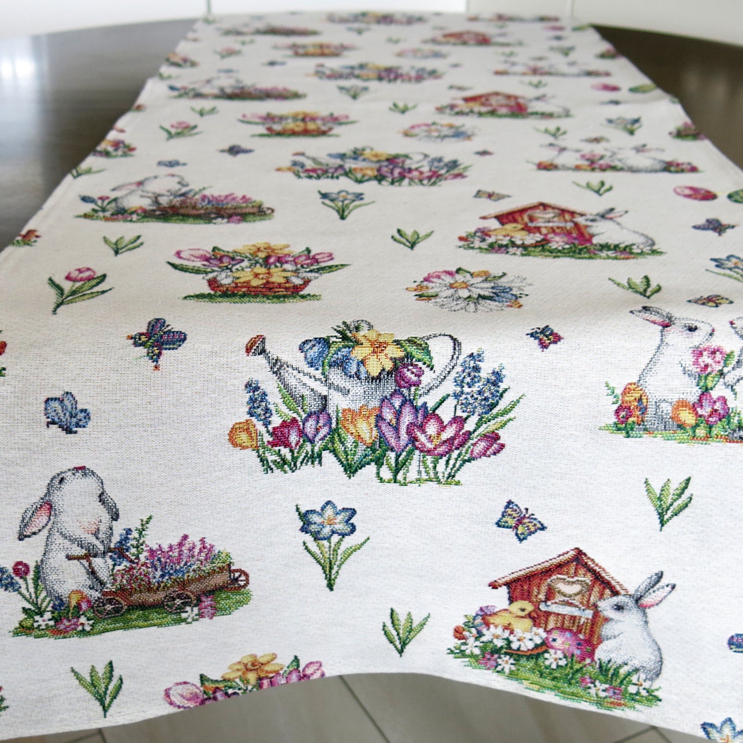 Table Runner for Easter with Eggs Tapestry Fabric Cute Bunny Floral