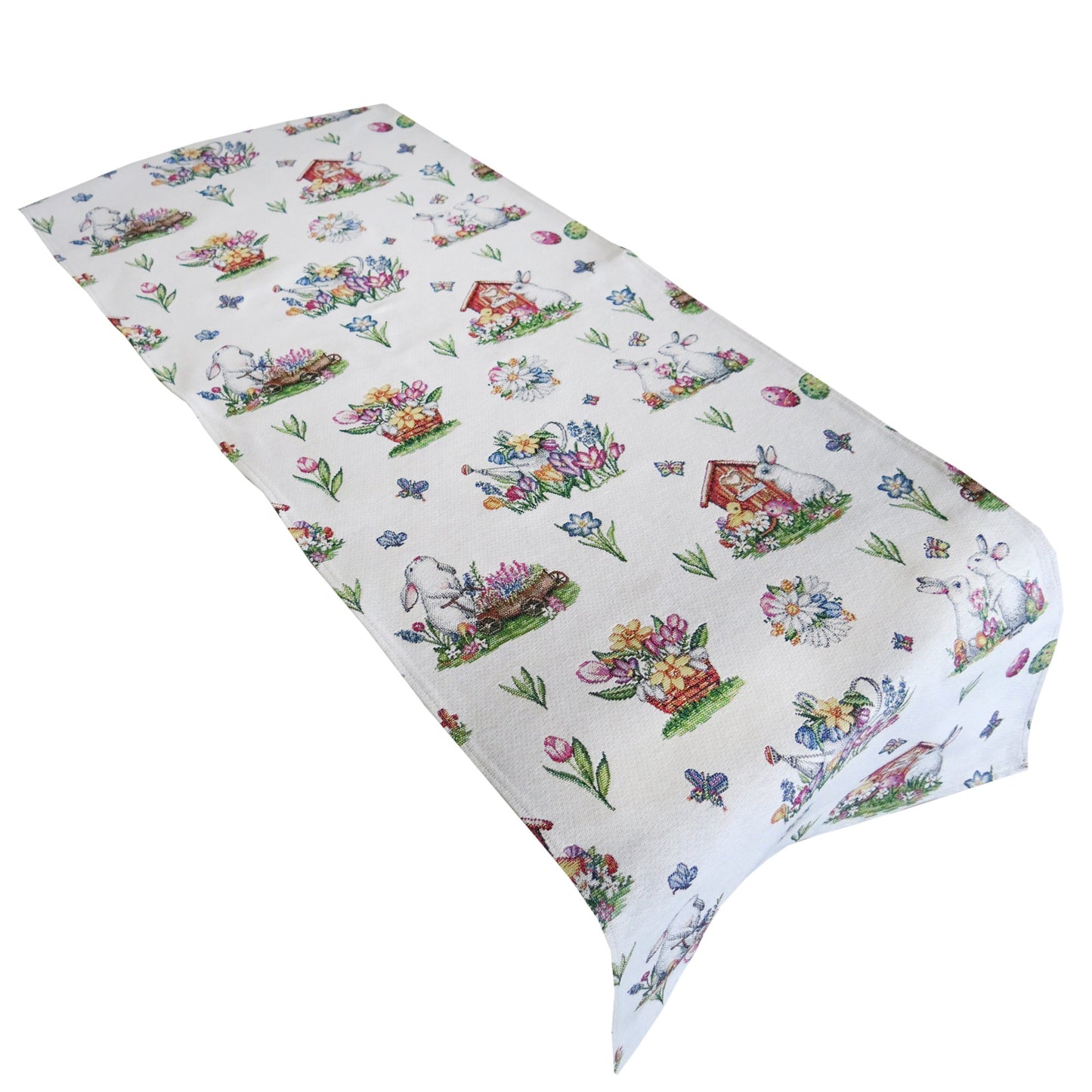 Table Runner for Easter with Eggs Tapestry Fabric Cute Bunny Floral