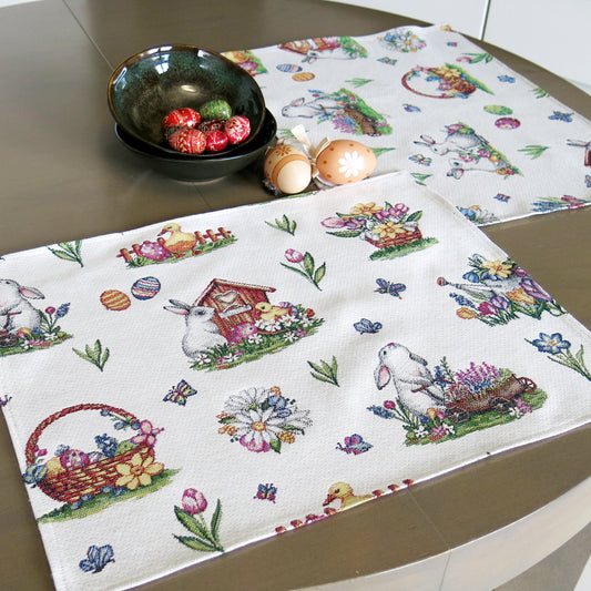 Placemats set Custom for Easter with Eggs Bunny Floral Rectangular Tapestry Fabric (set of 2) Size:13in X 17in (34cm X 44cm)