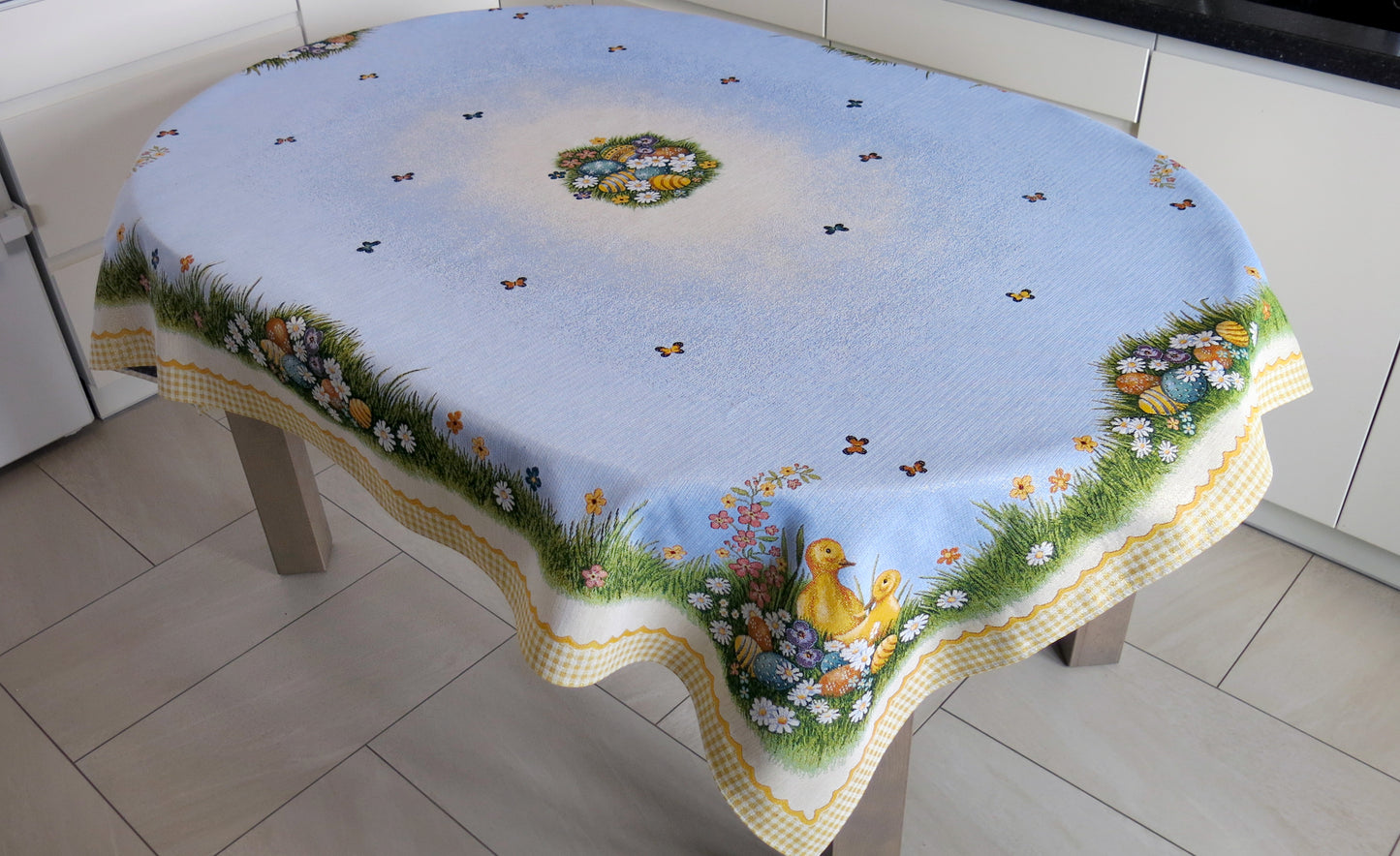 Easter Tablecloth Swan with Eggs Flowers and Golden thread Table Cover